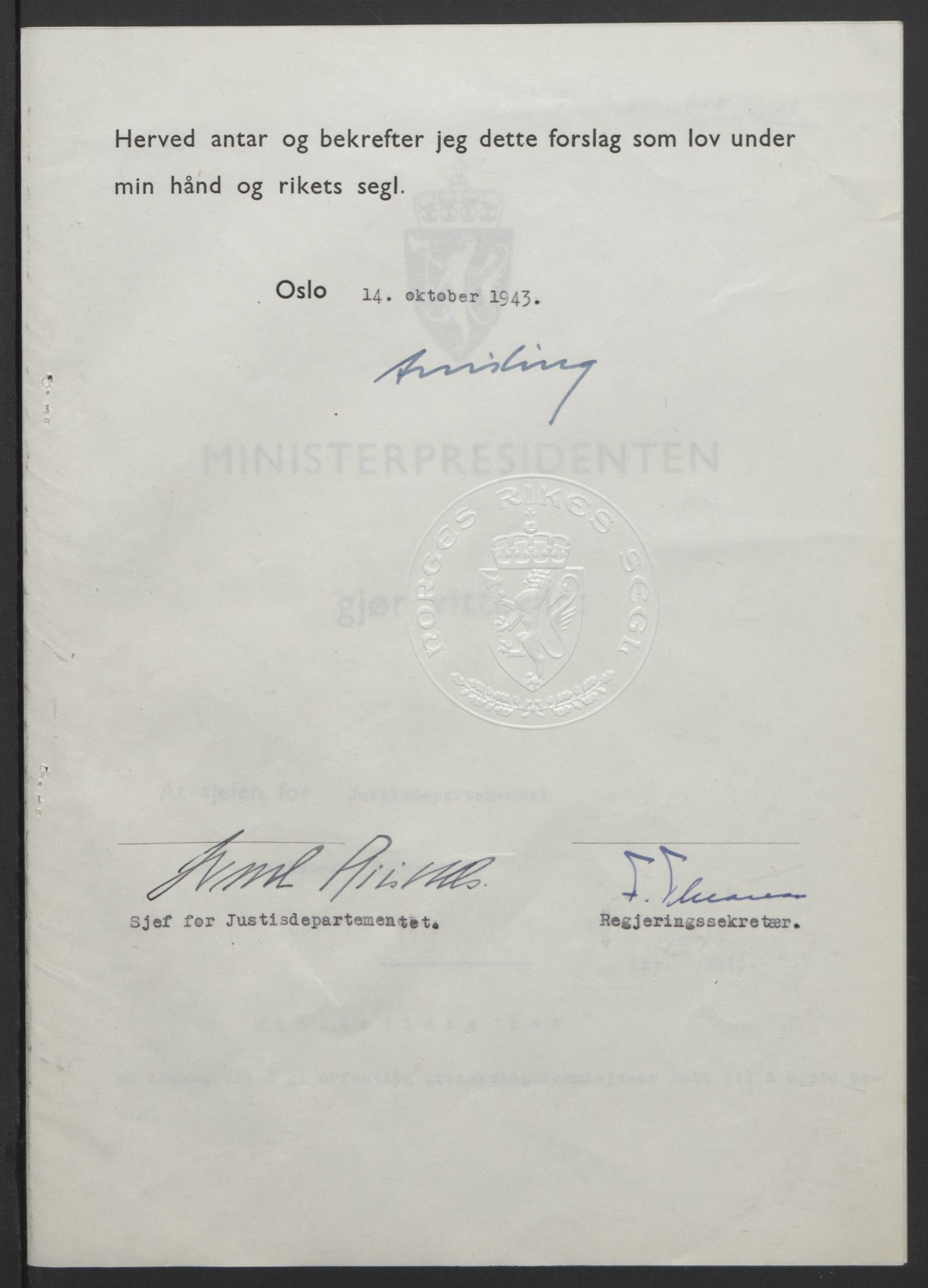 NS-administrasjonen 1940-1945 (Statsrådsekretariatet, de kommisariske statsråder mm), AV/RA-S-4279/D/Db/L0099: Lover, 1943, p. 642