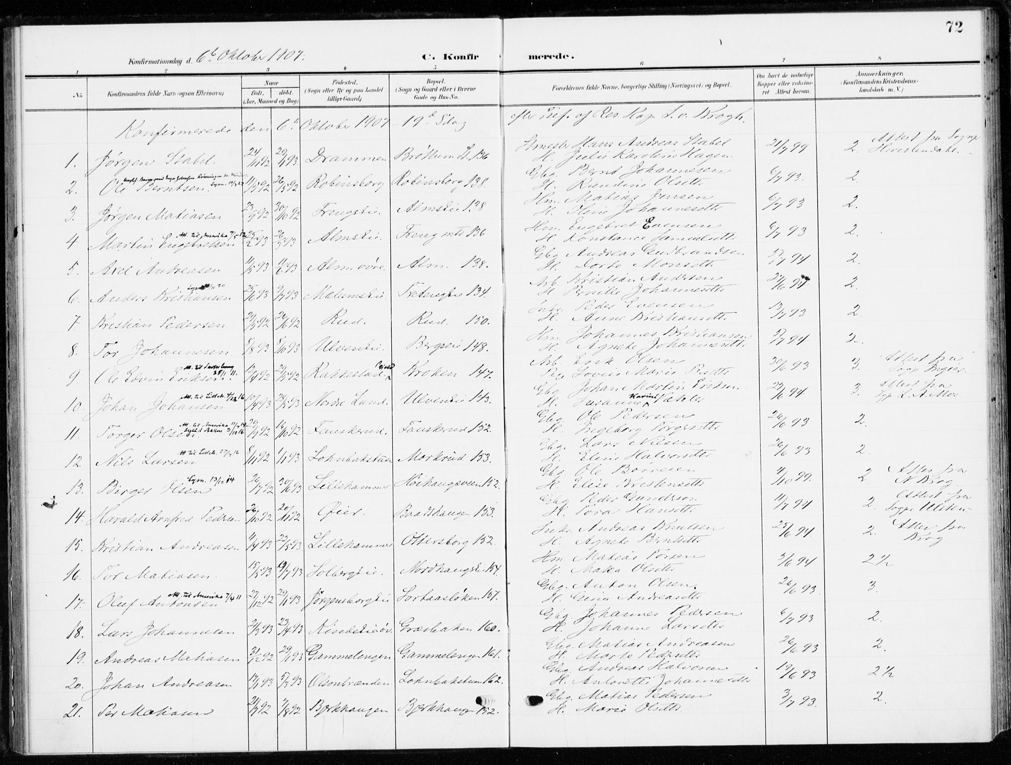 Ringsaker prestekontor, SAH/PREST-014/K/Ka/L0021: Parish register (official) no. 21, 1905-1920, p. 72