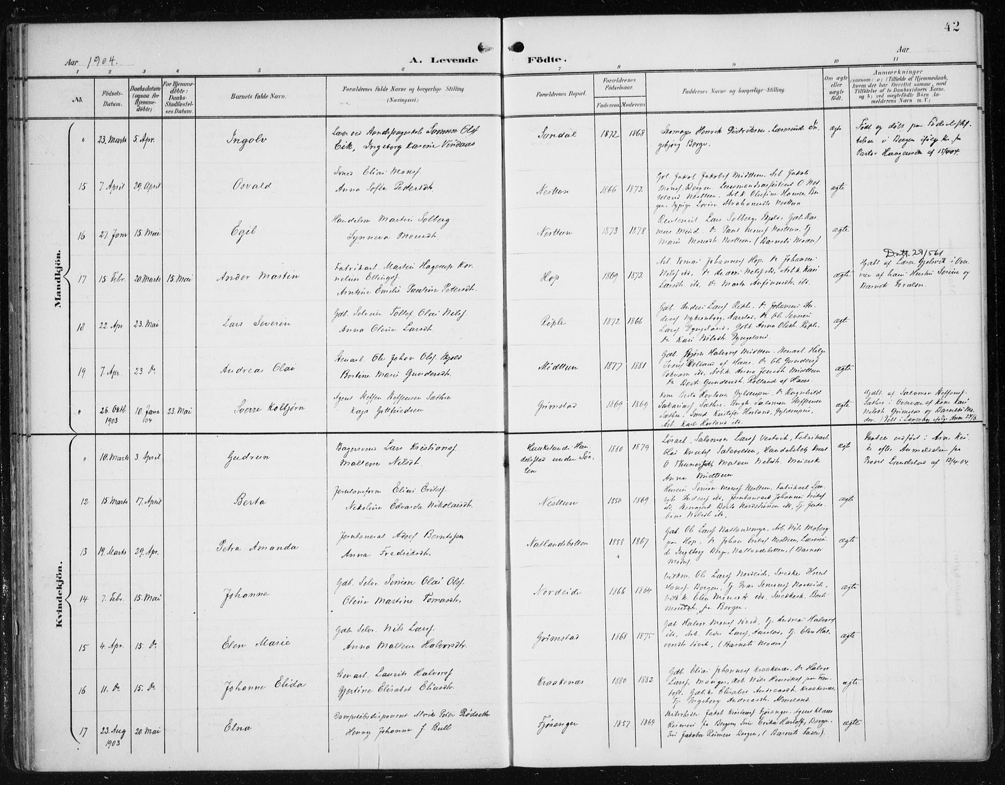 Fana Sokneprestembete, AV/SAB-A-75101/H/Haa/Haai/L0003: Parish register (official) no. I 3, 1900-1912, p. 42