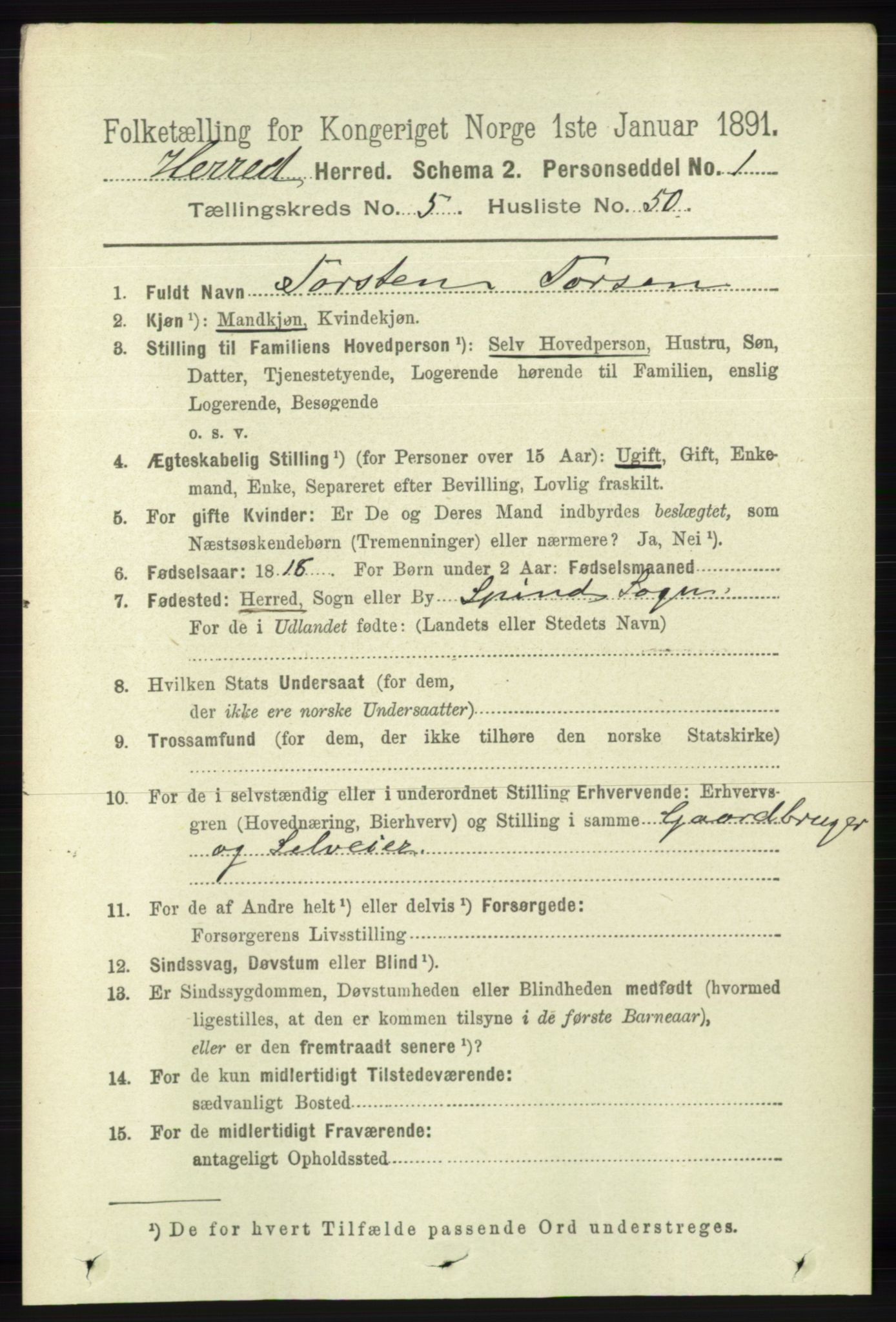 RA, 1891 census for 1039 Herad, 1891, p. 2077