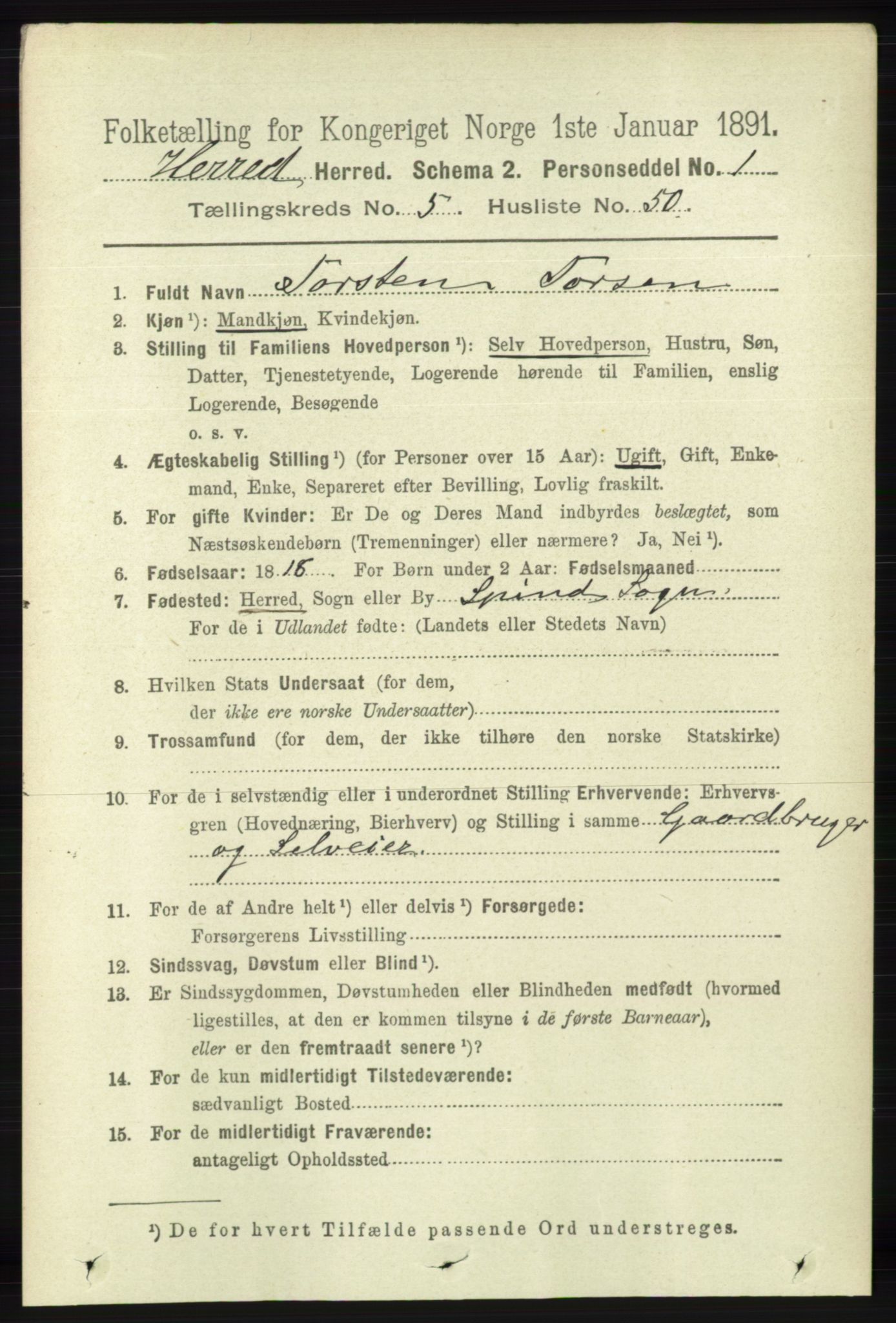 RA, 1891 census for 1039 Herad, 1891, p. 2077