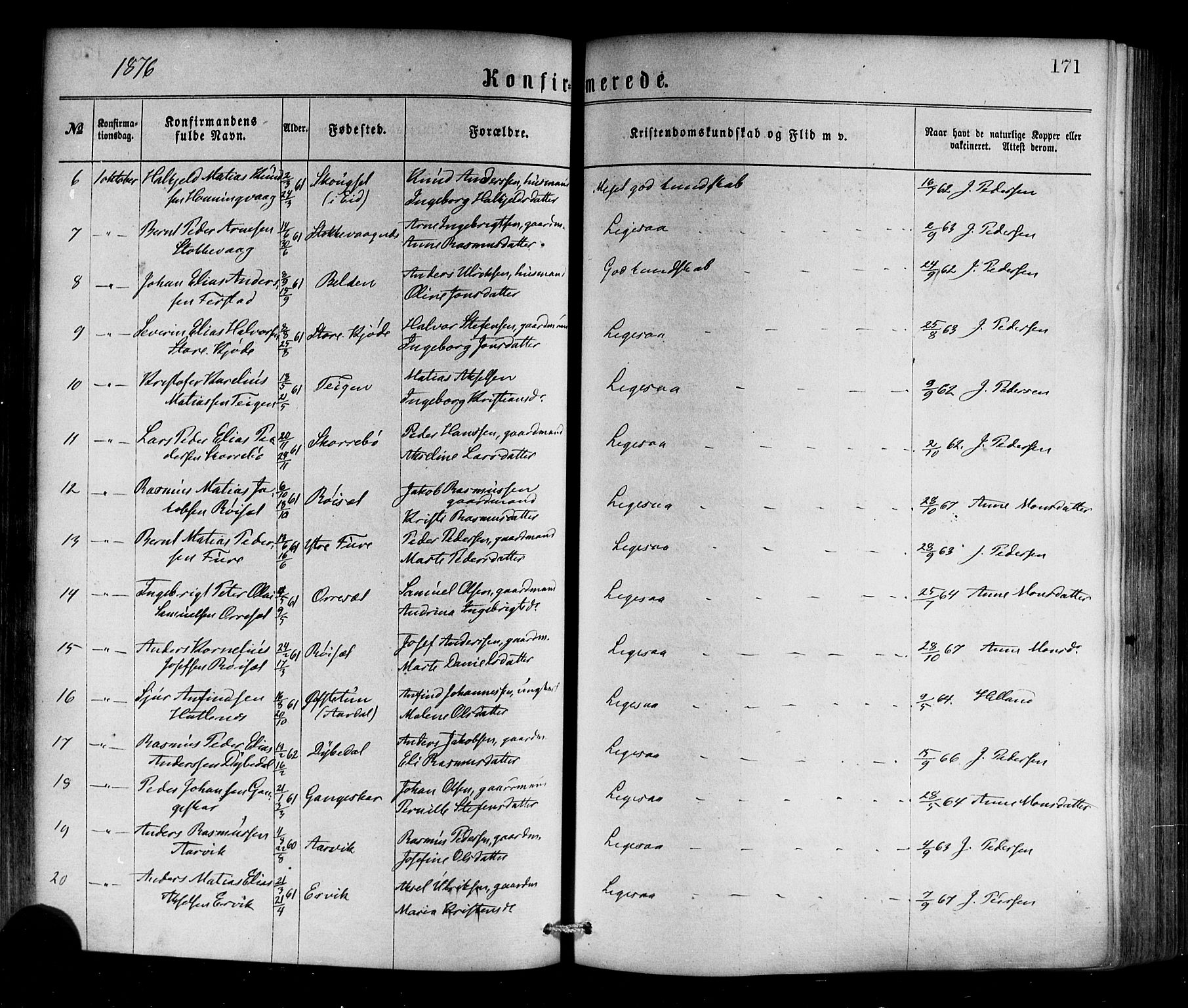 Selje sokneprestembete, SAB/A-99938/H/Ha/Haa/Haaa: Parish register (official) no. A 12, 1870-1880, p. 171