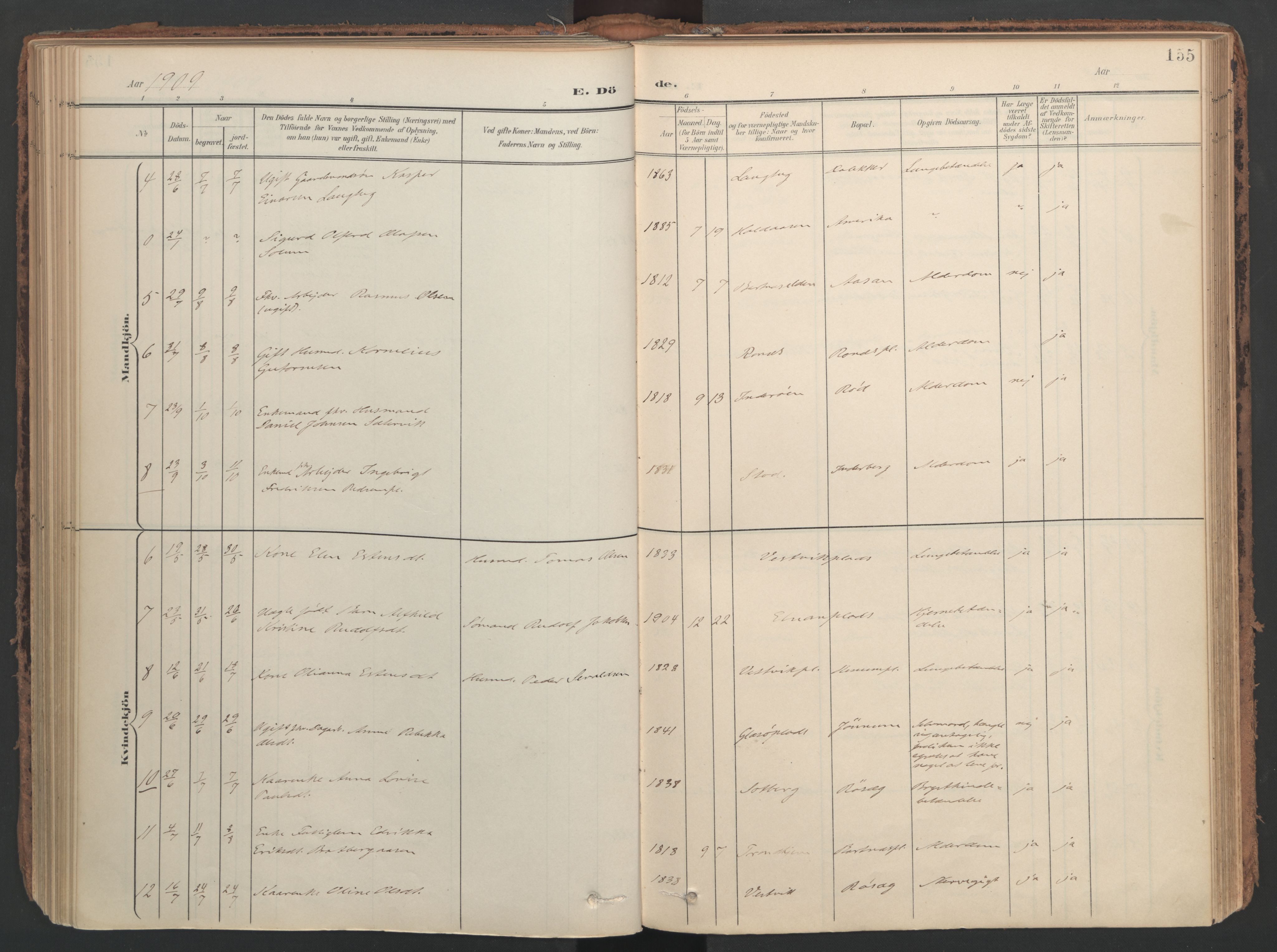 Ministerialprotokoller, klokkerbøker og fødselsregistre - Nord-Trøndelag, SAT/A-1458/741/L0397: Parish register (official) no. 741A11, 1901-1911, p. 155
