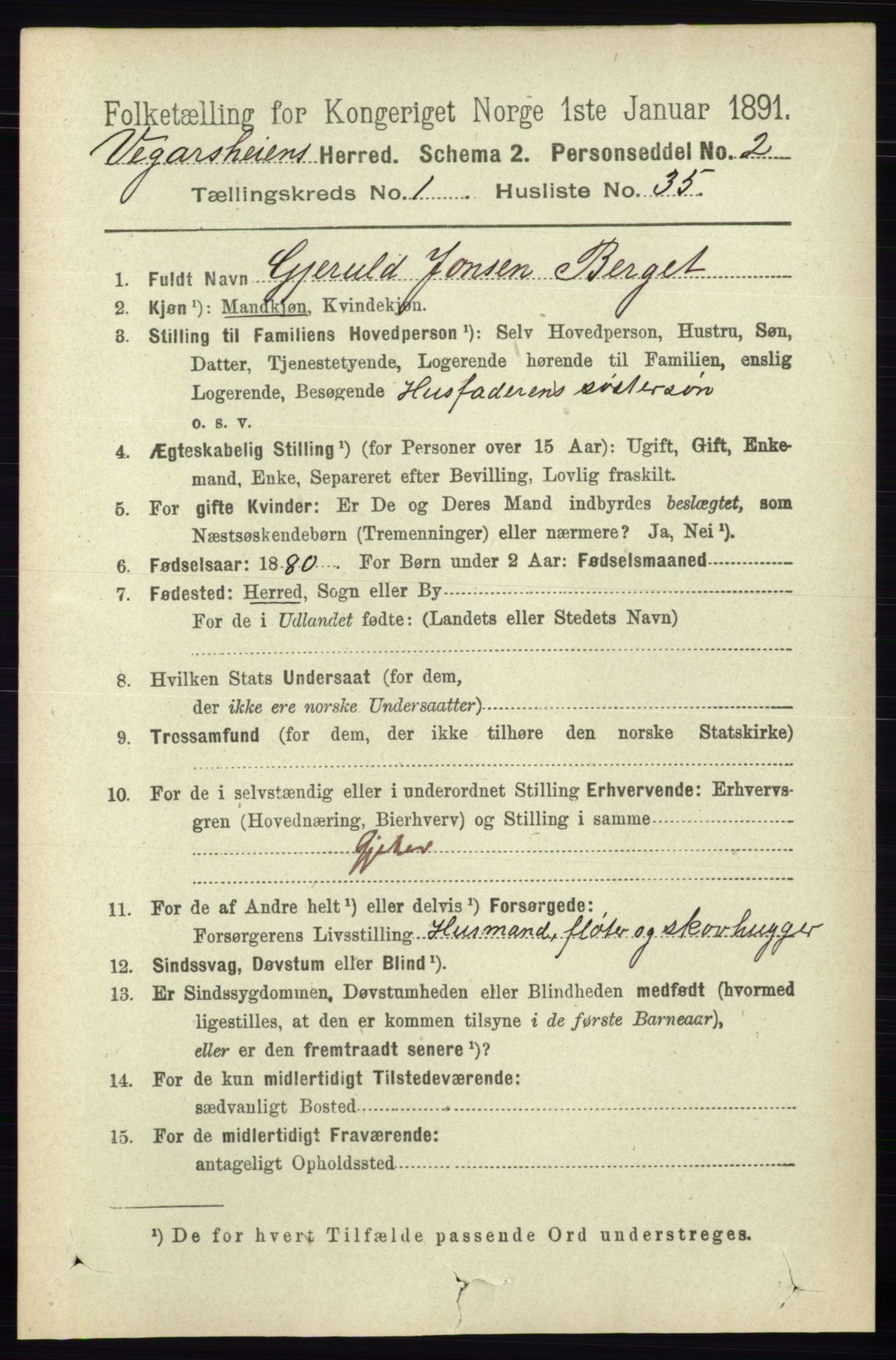 RA, 1891 census for 0912 Vegårshei, 1891, p. 317