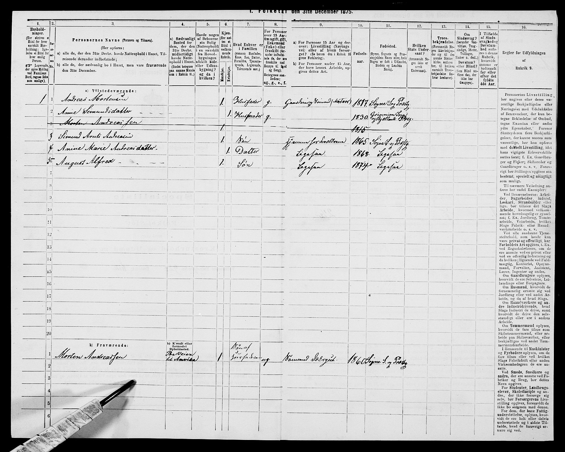 SAK, 1875 census for 1018P Søgne, 1875, p. 477