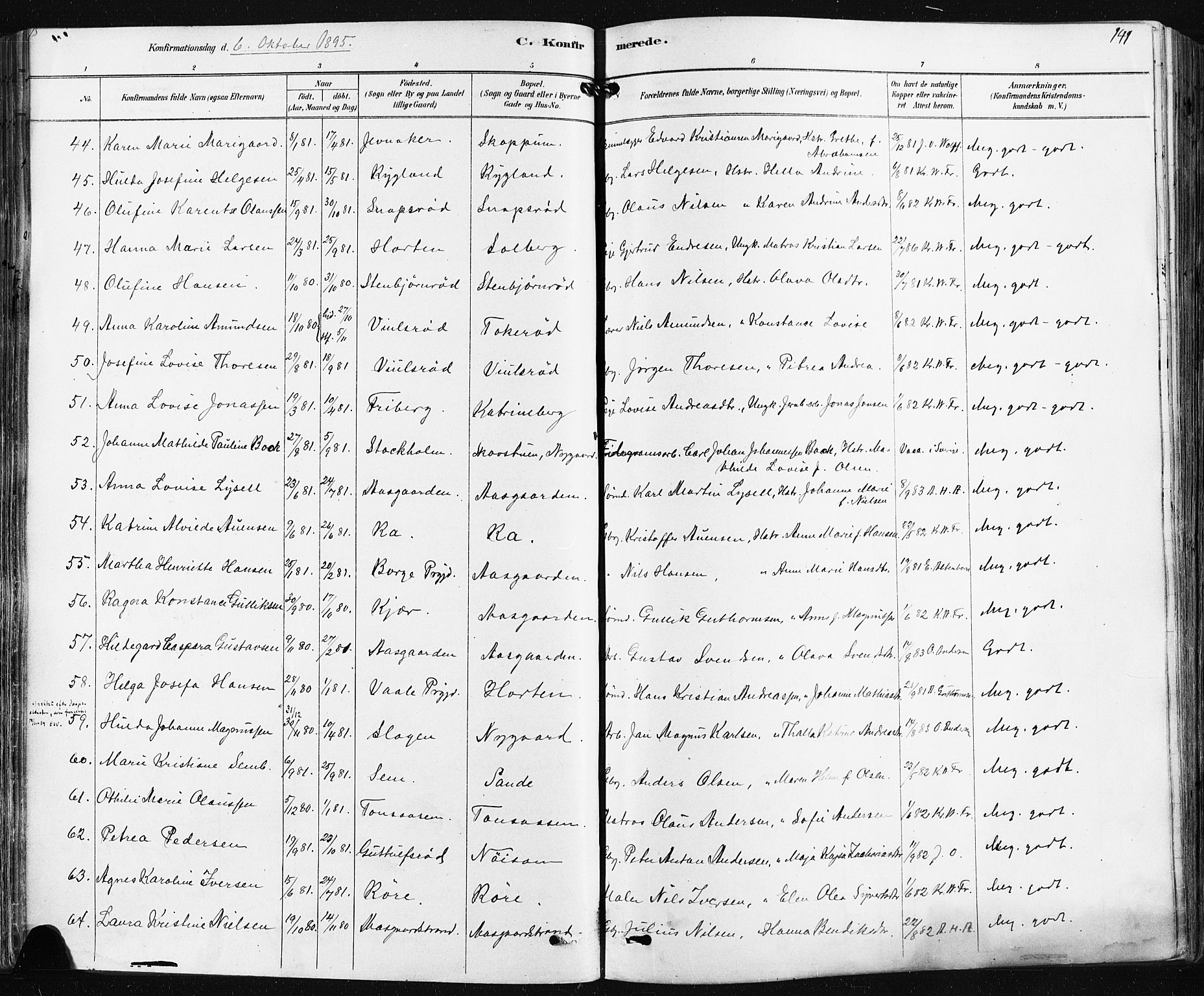 Borre kirkebøker, AV/SAKO-A-338/F/Fa/L0009: Parish register (official) no. I 9, 1878-1896, p. 141