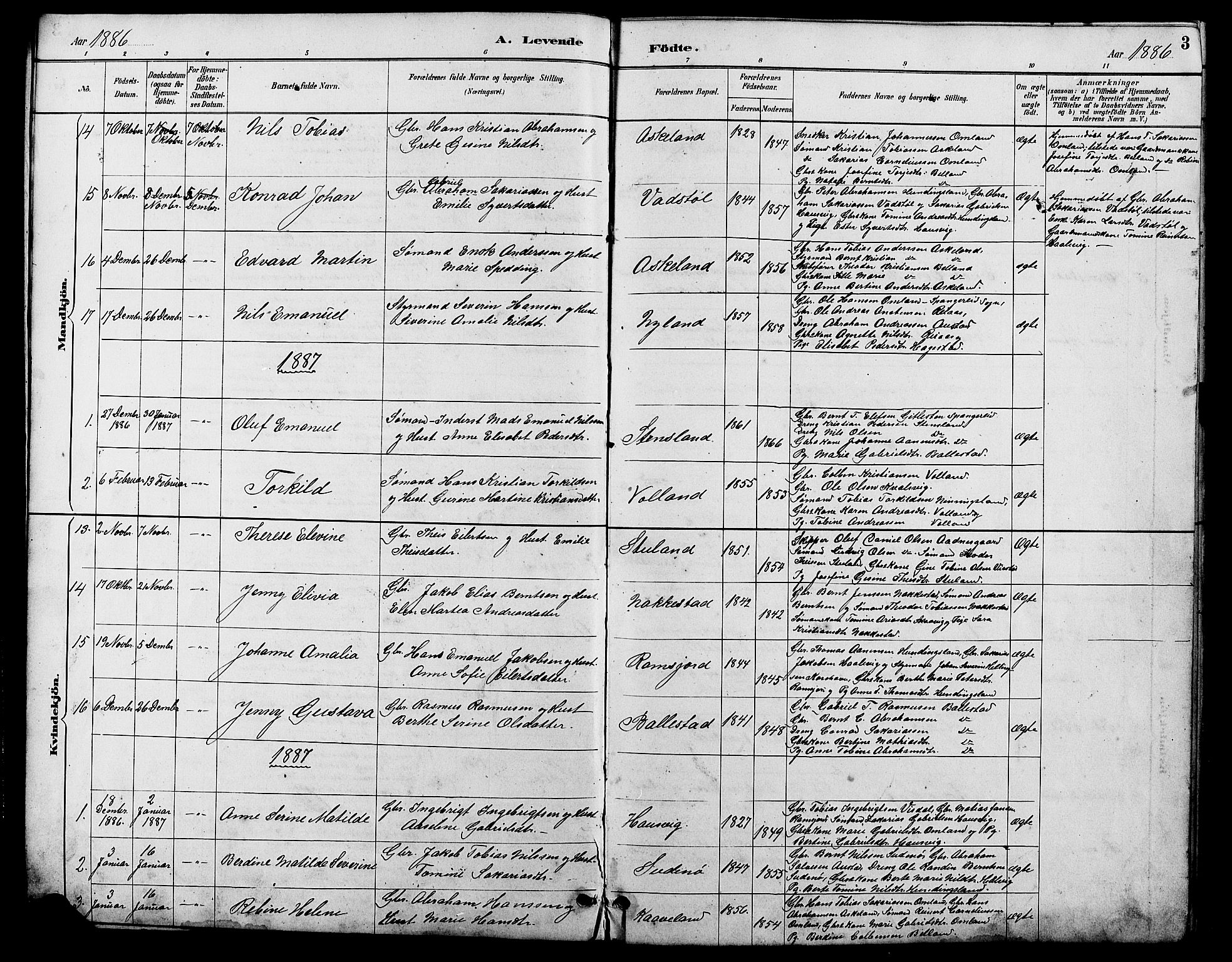 Lyngdal sokneprestkontor, SAK/1111-0029/F/Fb/Fba/L0003: Parish register (copy) no. B 3, 1886-1903, p. 3