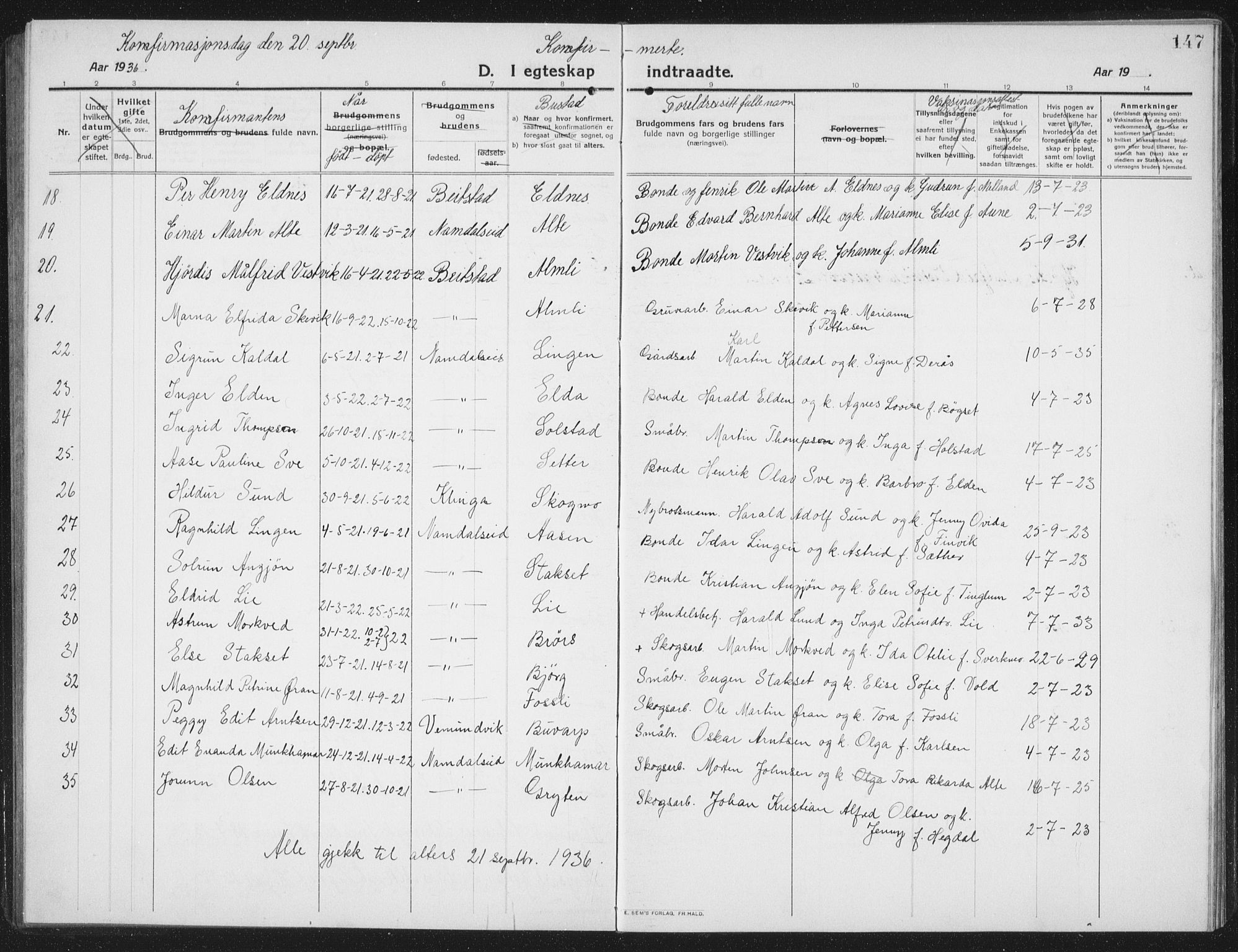 Ministerialprotokoller, klokkerbøker og fødselsregistre - Nord-Trøndelag, AV/SAT-A-1458/742/L0413: Parish register (copy) no. 742C04, 1911-1938, p. 147