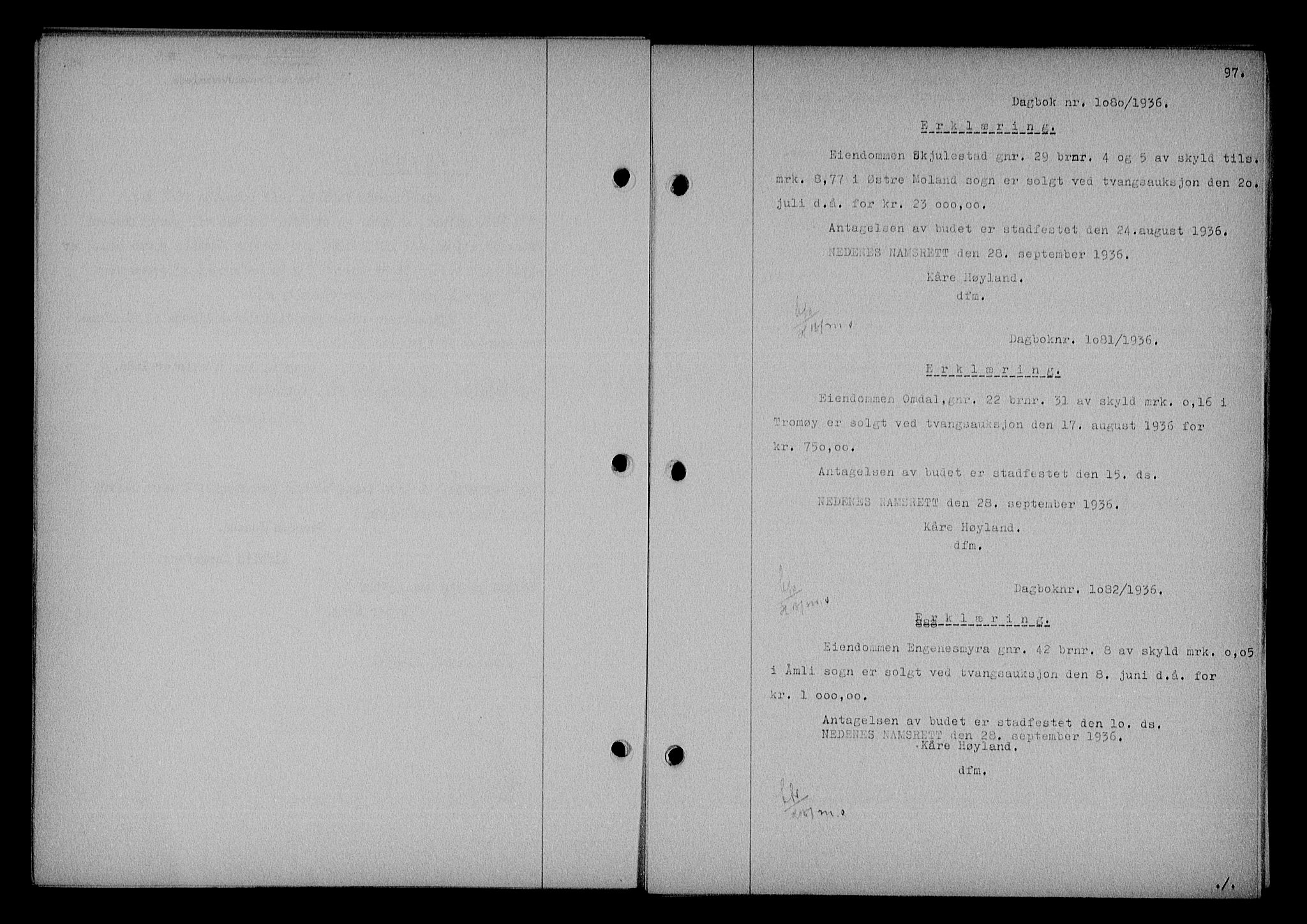 Nedenes sorenskriveri, SAK/1221-0006/G/Gb/Gba/L0043: Mortgage book no. 39, 1936-1937, Diary no: : 1080/1936