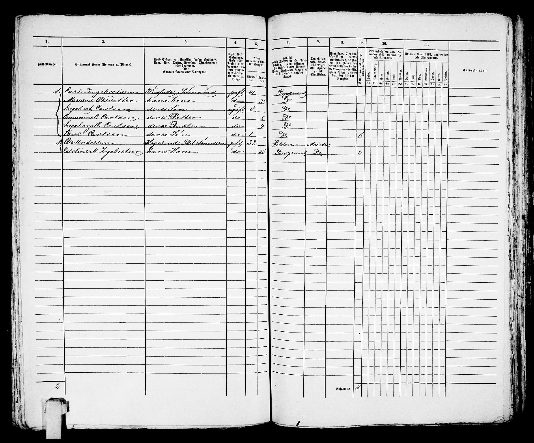 RA, 1865 census for Porsgrunn, 1865, p. 291