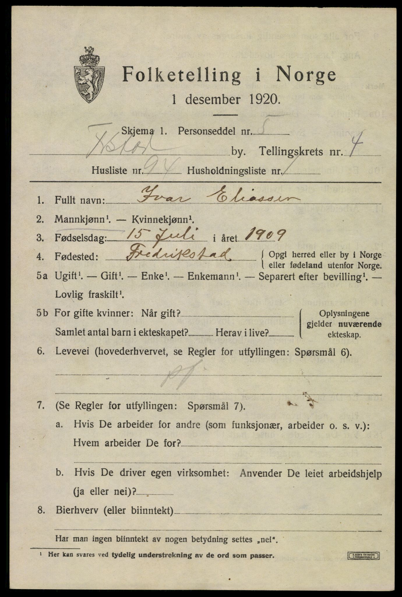 SAO, 1920 census for Fredrikstad, 1920, p. 18535