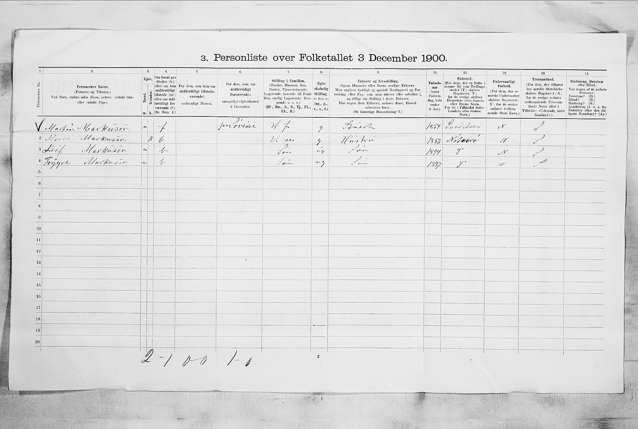 RA, 1900 census for Sandefjord, 1900, p. 2843