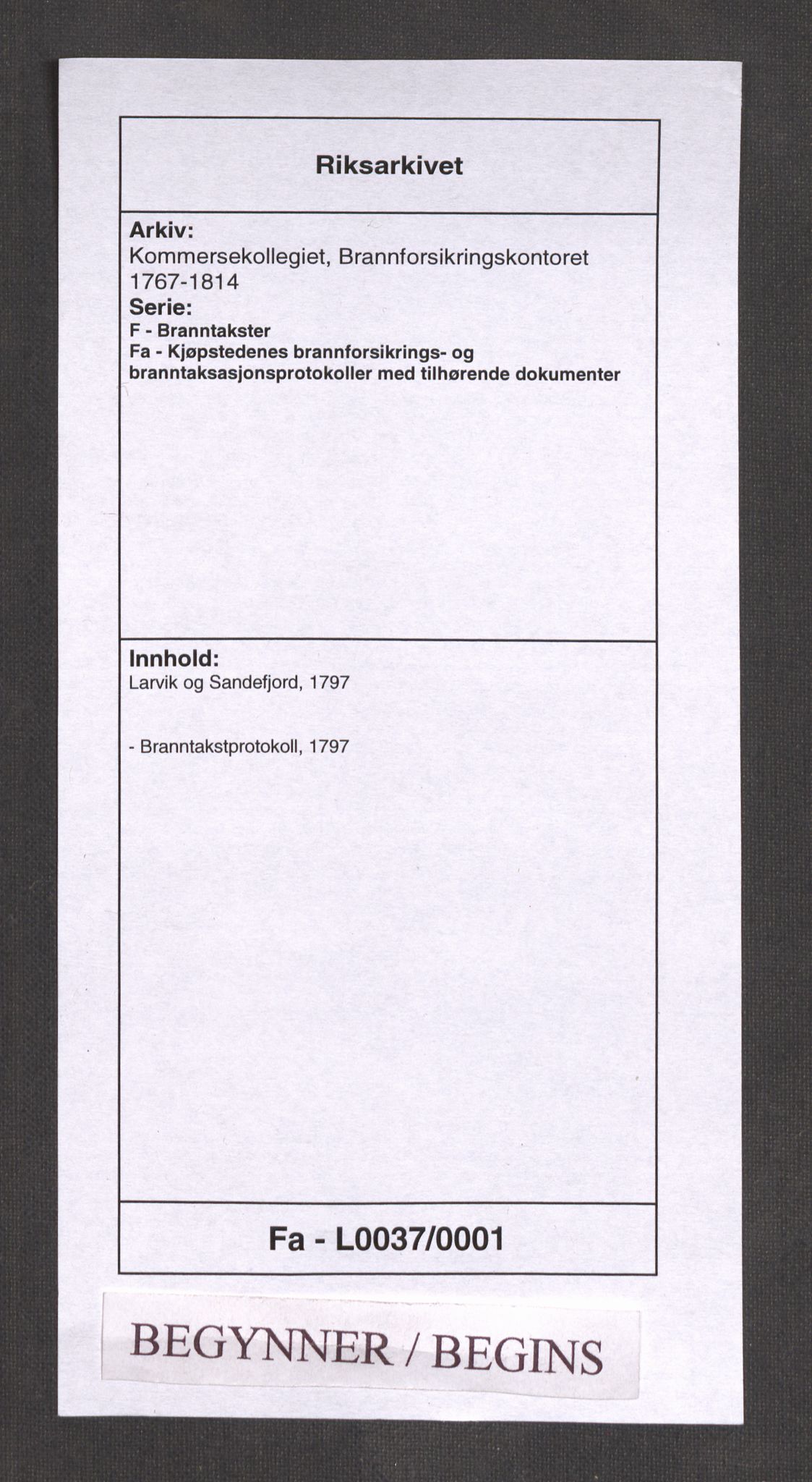 Kommersekollegiet, Brannforsikringskontoret 1767-1814, RA/EA-5458/F/Fa/L0037/0001: Larvik og Sandefjord / Branntakstprotokoll, 1797