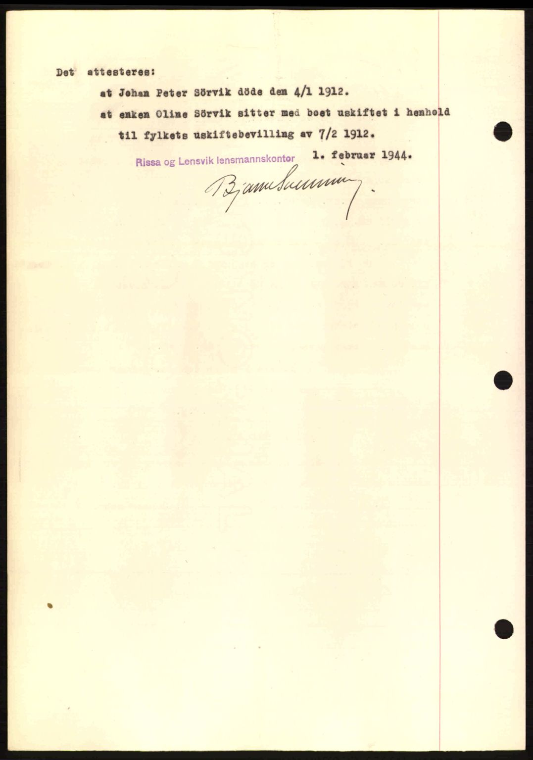 Fosen sorenskriveri, AV/SAT-A-1107/1/2/2C: Mortgage book no. A3, 1943-1945, Diary no: : 218/1944