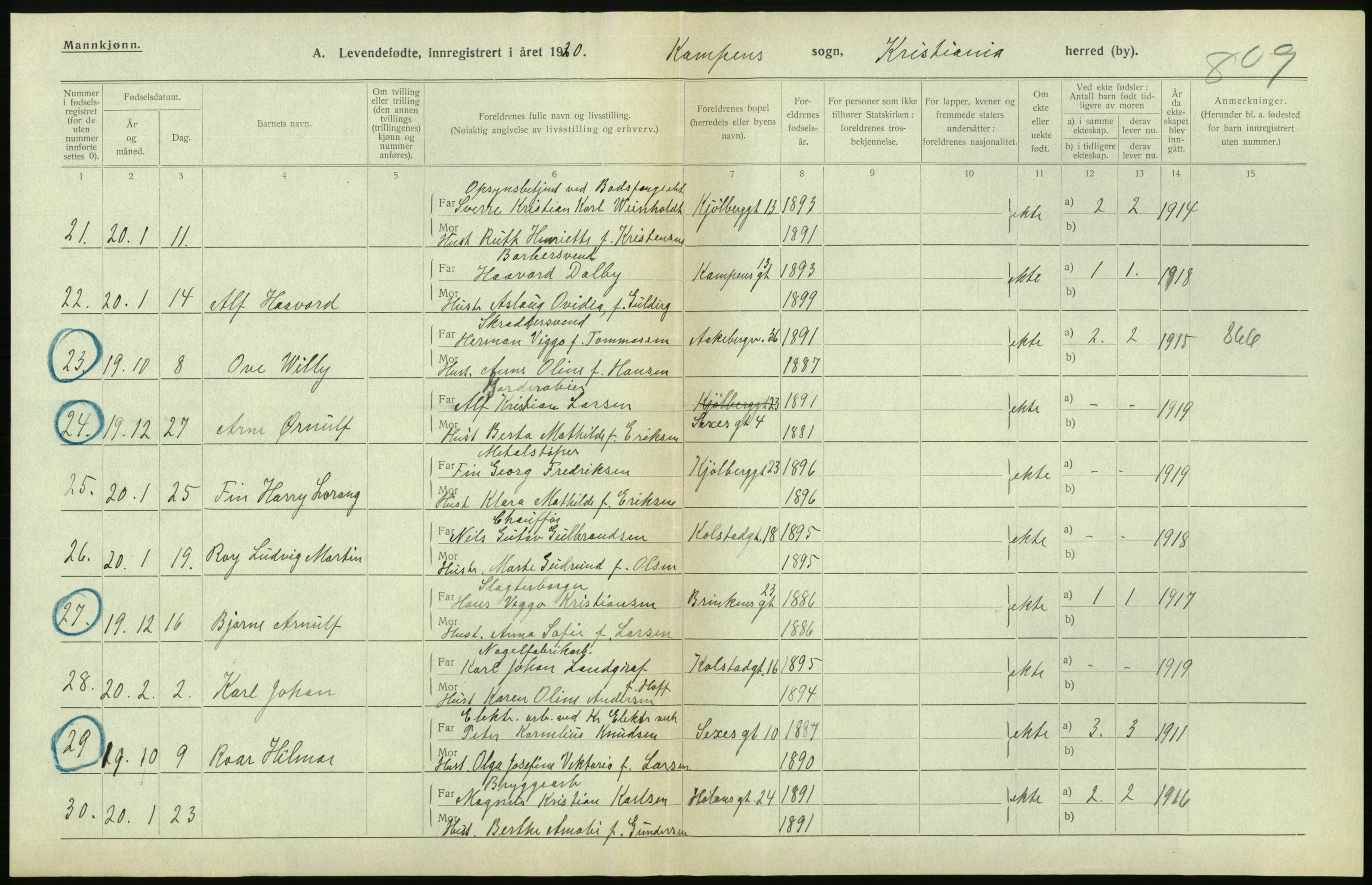 Statistisk sentralbyrå, Sosiodemografiske emner, Befolkning, RA/S-2228/D/Df/Dfb/Dfbj/L0008: Kristiania: Levendefødte menn og kvinner., 1920, p. 188