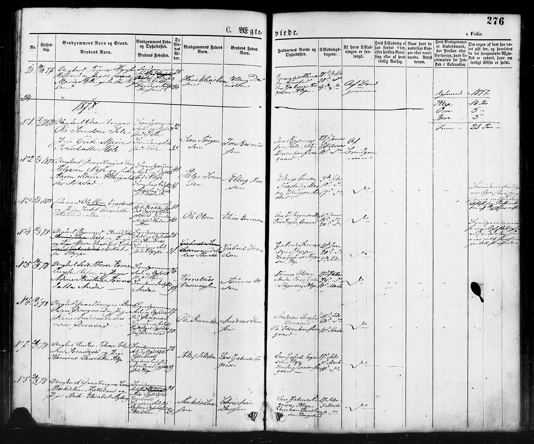 Klepp sokneprestkontor, SAST/A-101803/001/3/30BA/L0006: Parish register (official) no. A 6, 1871-1885, p. 276