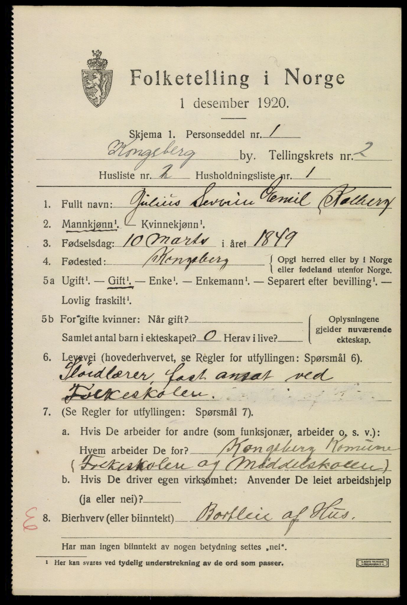 SAKO, 1920 census for Kongsberg, 1920, p. 6792