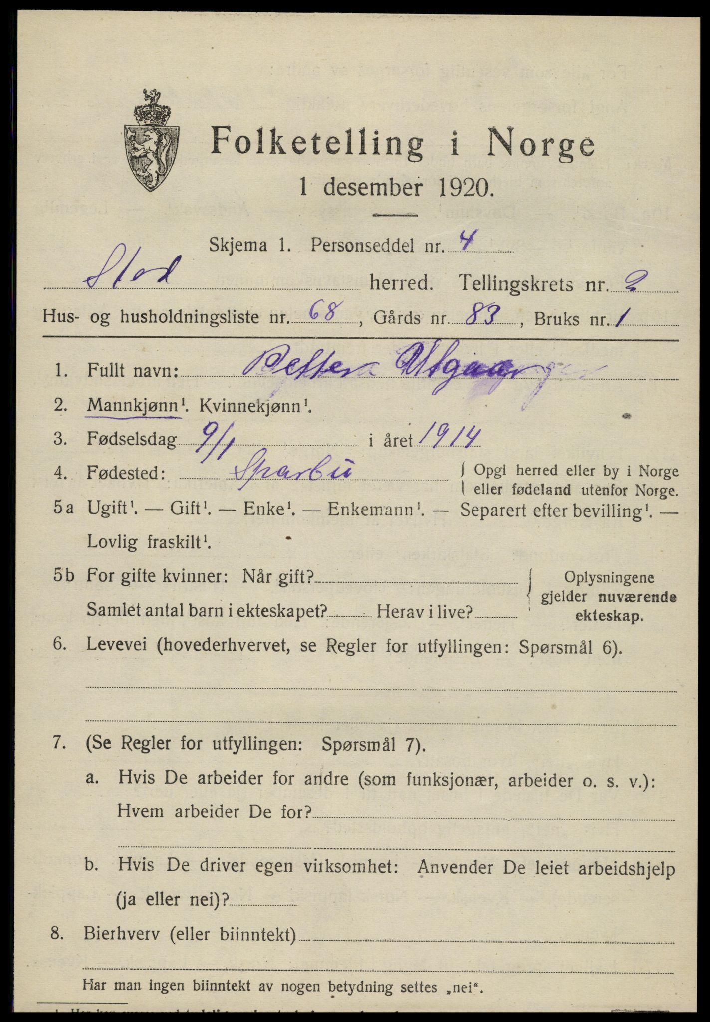 SAT, 1920 census for Stod, 1920, p. 2210