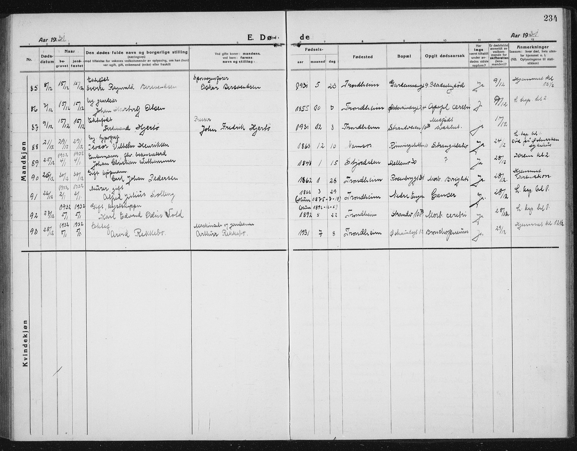 Ministerialprotokoller, klokkerbøker og fødselsregistre - Sør-Trøndelag, SAT/A-1456/605/L0260: Parish register (copy) no. 605C07, 1922-1942, p. 234