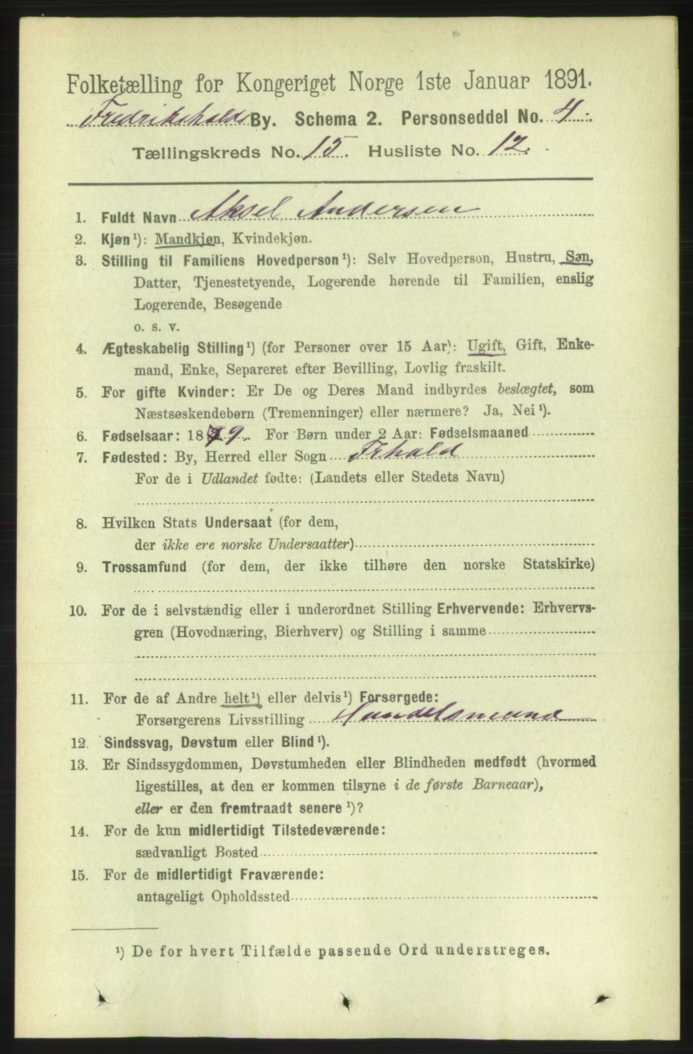 RA, 1891 census for 0101 Fredrikshald, 1891, p. 9565