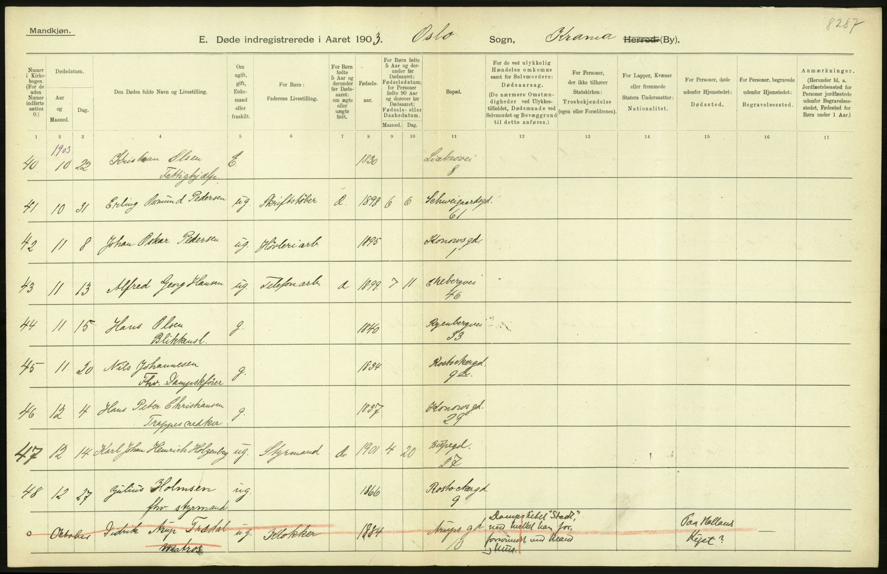 Statistisk sentralbyrå, Sosiodemografiske emner, Befolkning, AV/RA-S-2228/D/Df/Dfa/Dfaa/L0004: Kristiania: Gifte, døde, 1903, p. 292