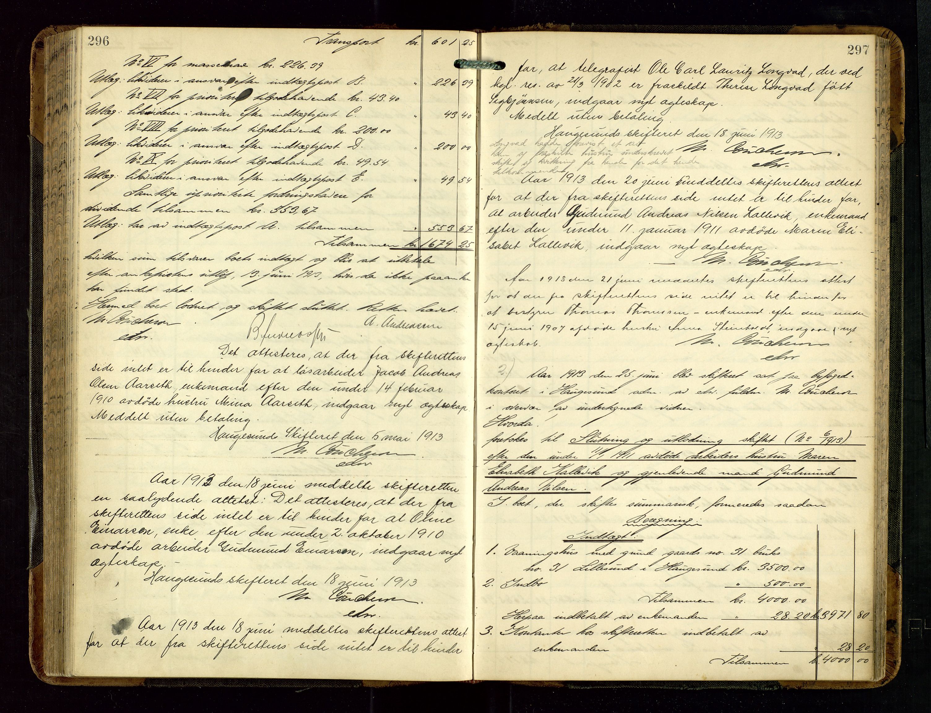 Haugesund tingrett, AV/SAST-A-101415/01/IV/IVD/L0002: Skifteutlodningsprotokoll, med register, 1904-1915, p. 296-297