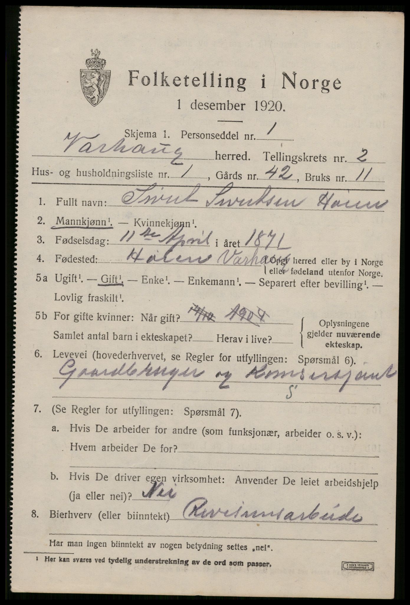 SAST, 1920 census for Varhaug, 1920, p. 1987