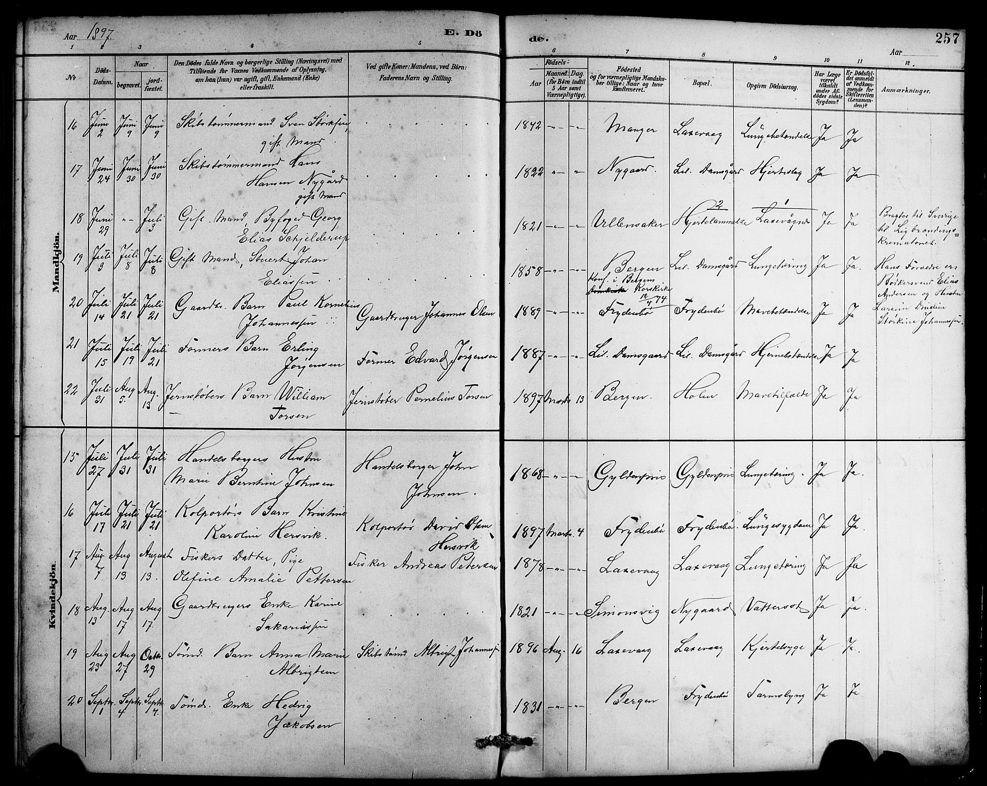 Laksevåg Sokneprestembete, AV/SAB-A-76501/H/Ha/Hab/Haba/L0003: Parish register (copy) no. A 3, 1887-1899, p. 257