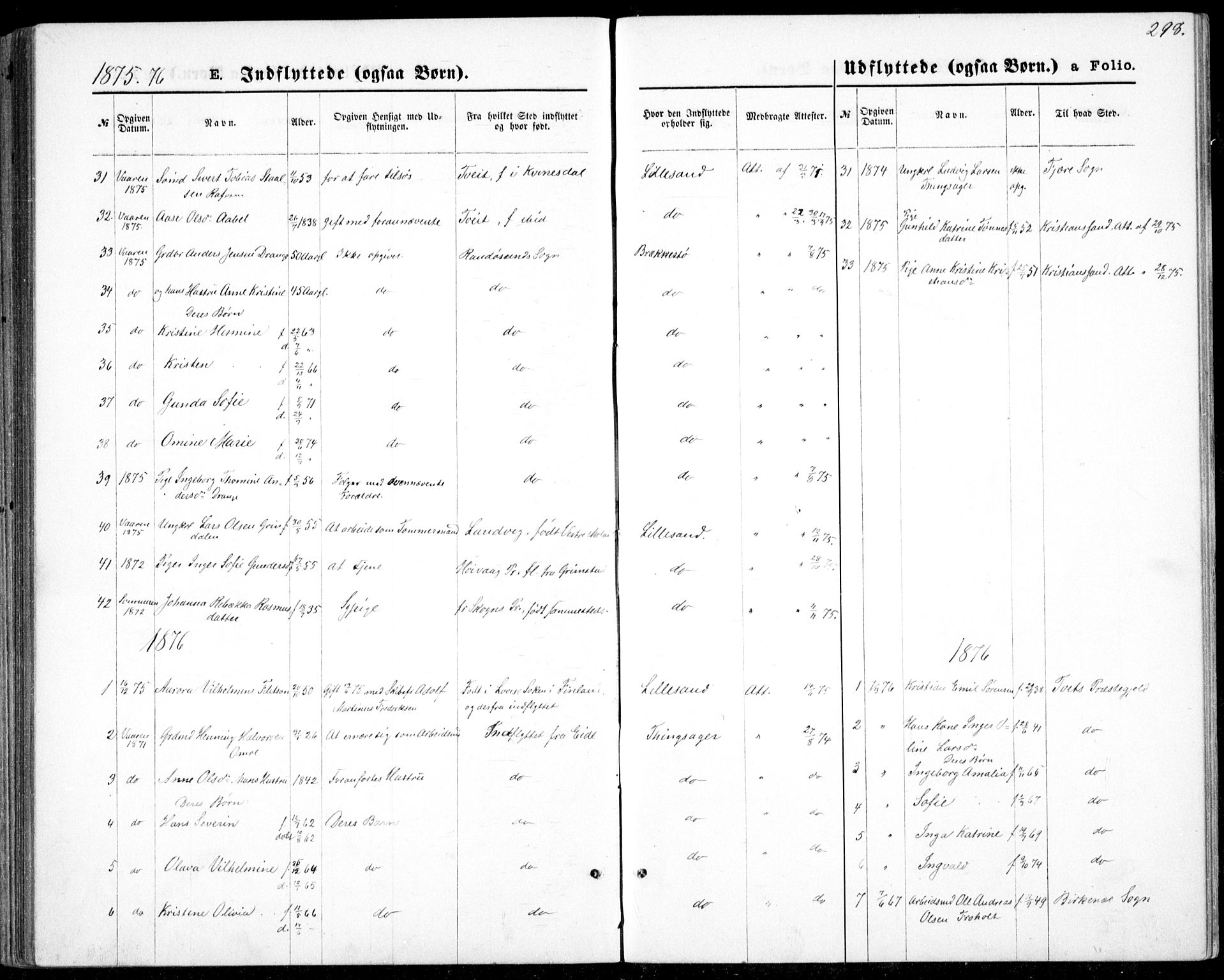 Vestre Moland sokneprestkontor, SAK/1111-0046/F/Fb/Fbb/L0005: Parish register (copy) no. B 5, 1872-1883, p. 298