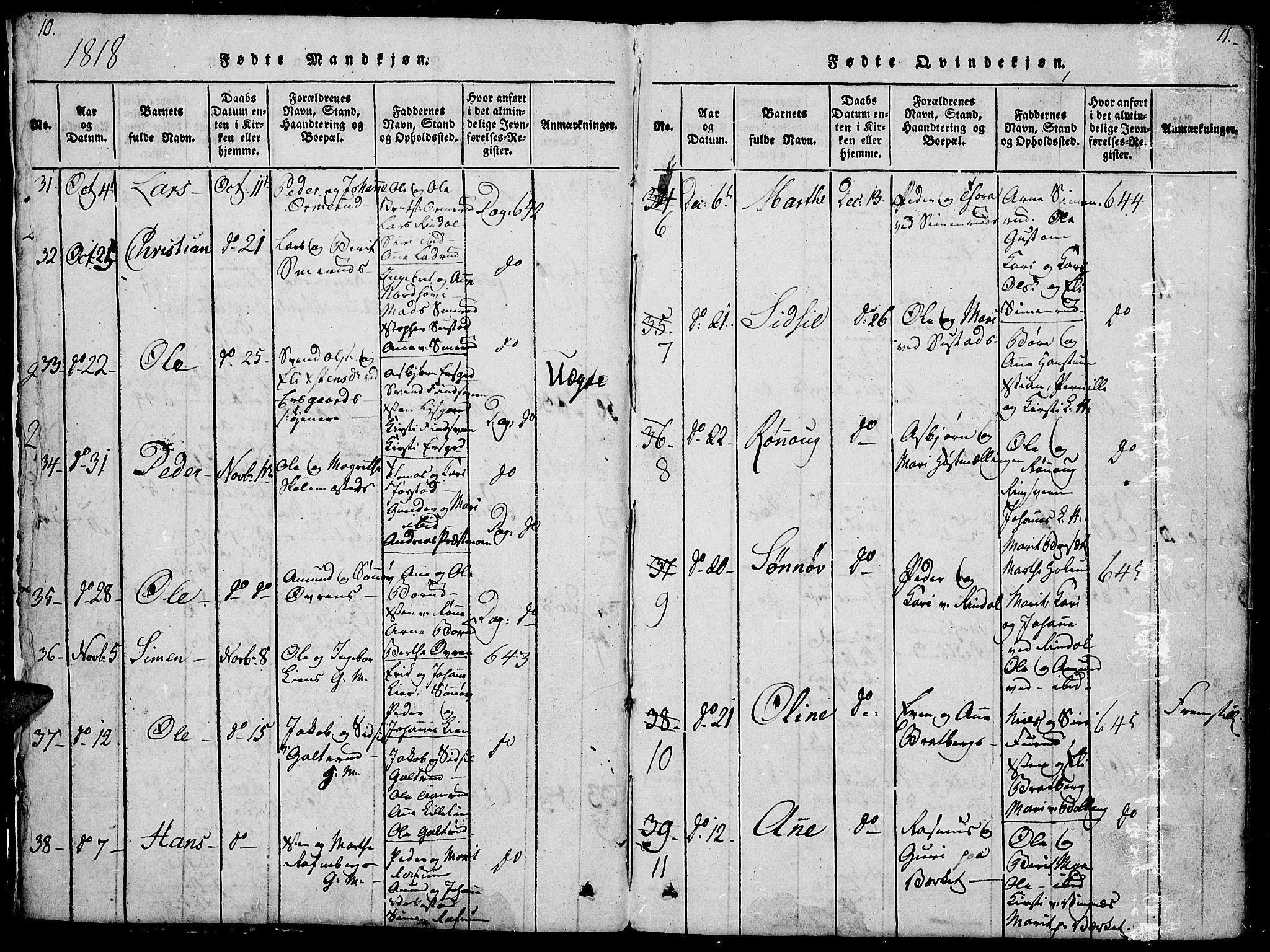 Fåberg prestekontor, SAH/PREST-086/H/Ha/Hab/L0004: Parish register (copy) no. 4, 1818-1837, p. 10-11