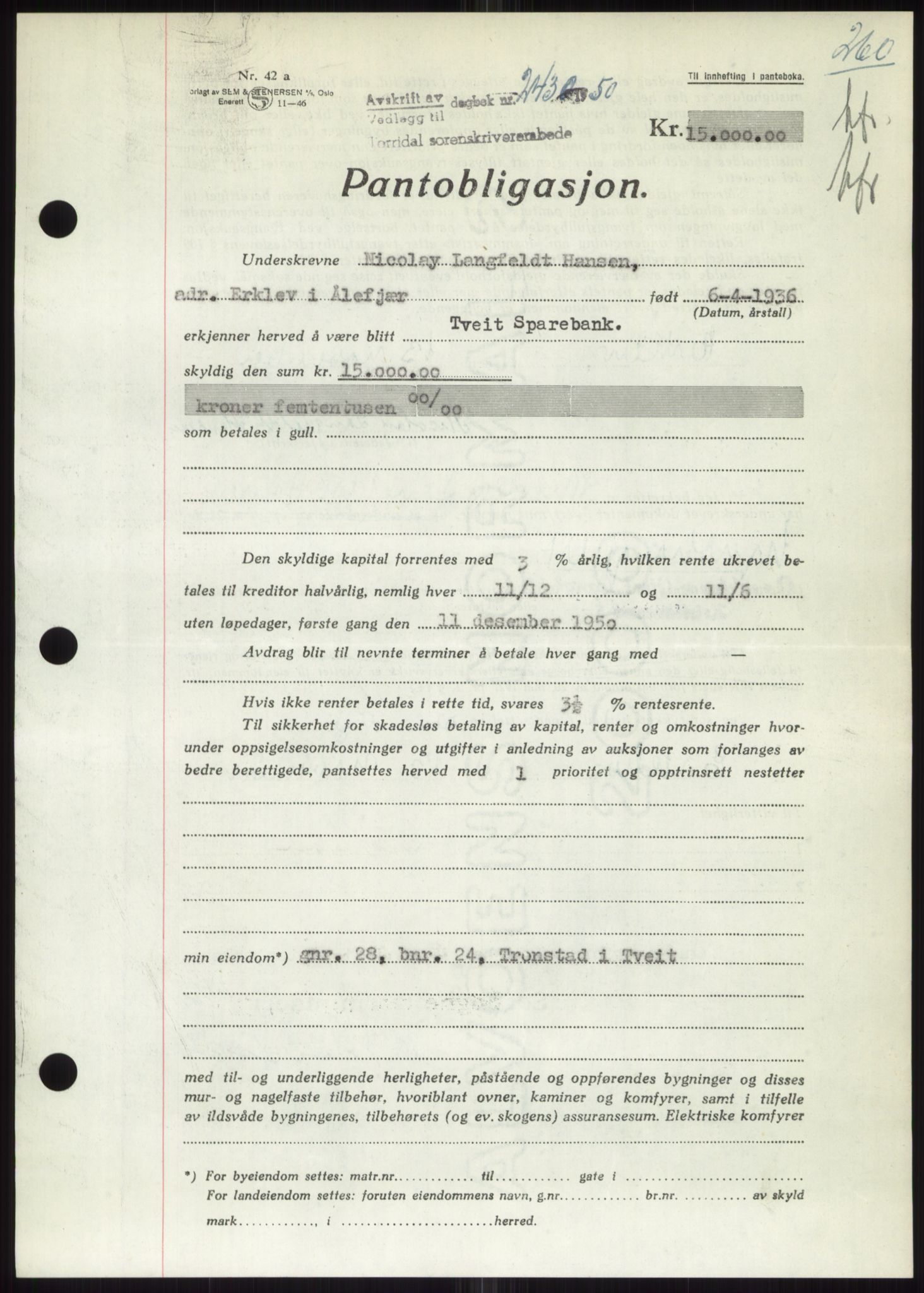 Torridal sorenskriveri, SAK/1221-0012/G/Gb/Gbb/L0020: Mortgage book no. 63B, 1950-1950, Diary no: : 2430/1950