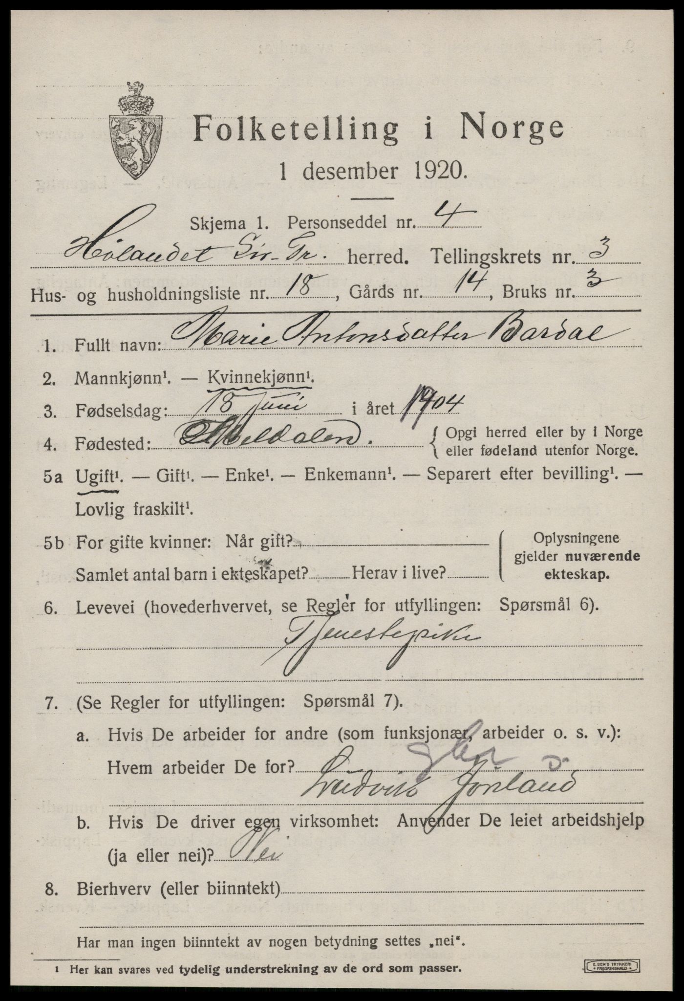 SAT, 1920 census for Hølonda, 1920, p. 1367