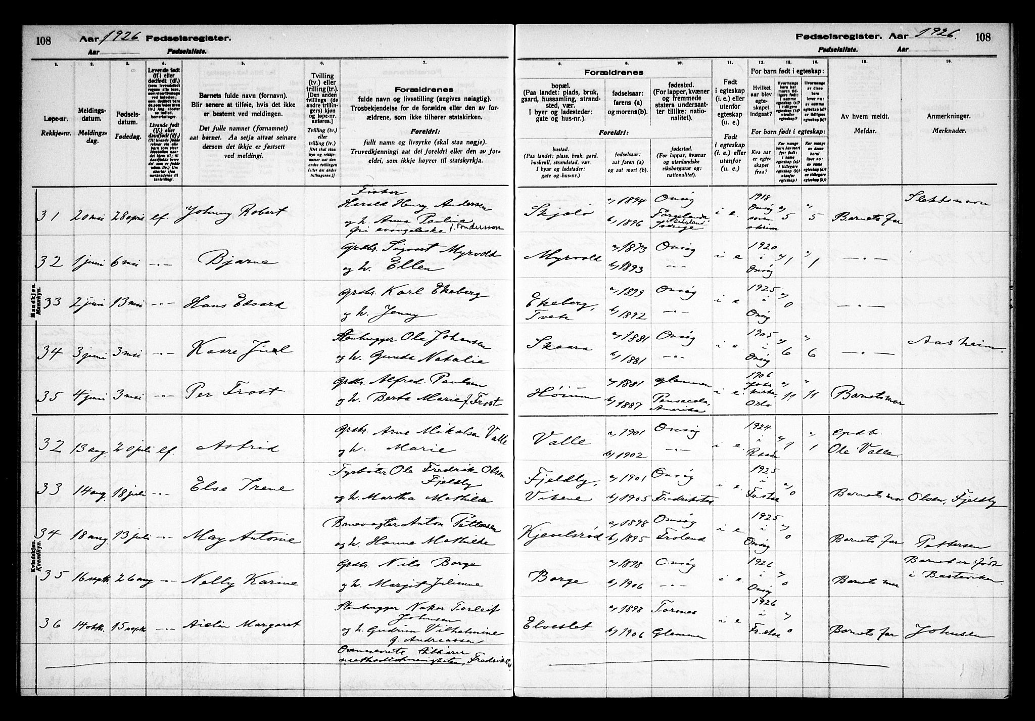 Onsøy prestekontor Kirkebøker, AV/SAO-A-10914/J/Ja/L0001: Birth register no. I 1, 1916-1937, p. 108