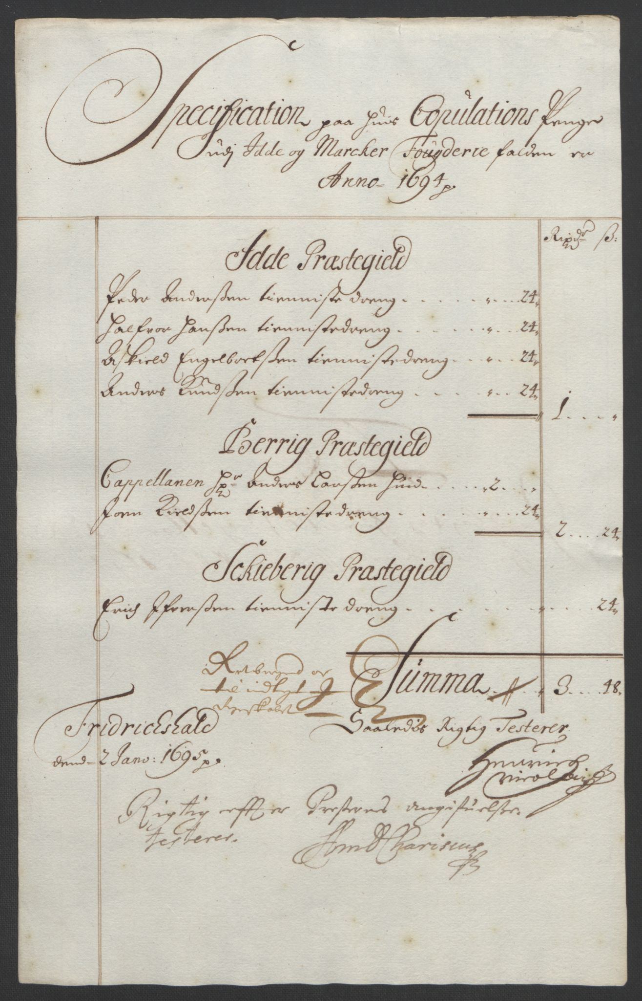 Rentekammeret inntil 1814, Reviderte regnskaper, Fogderegnskap, RA/EA-4092/R01/L0012: Fogderegnskap Idd og Marker, 1694-1695, p. 126
