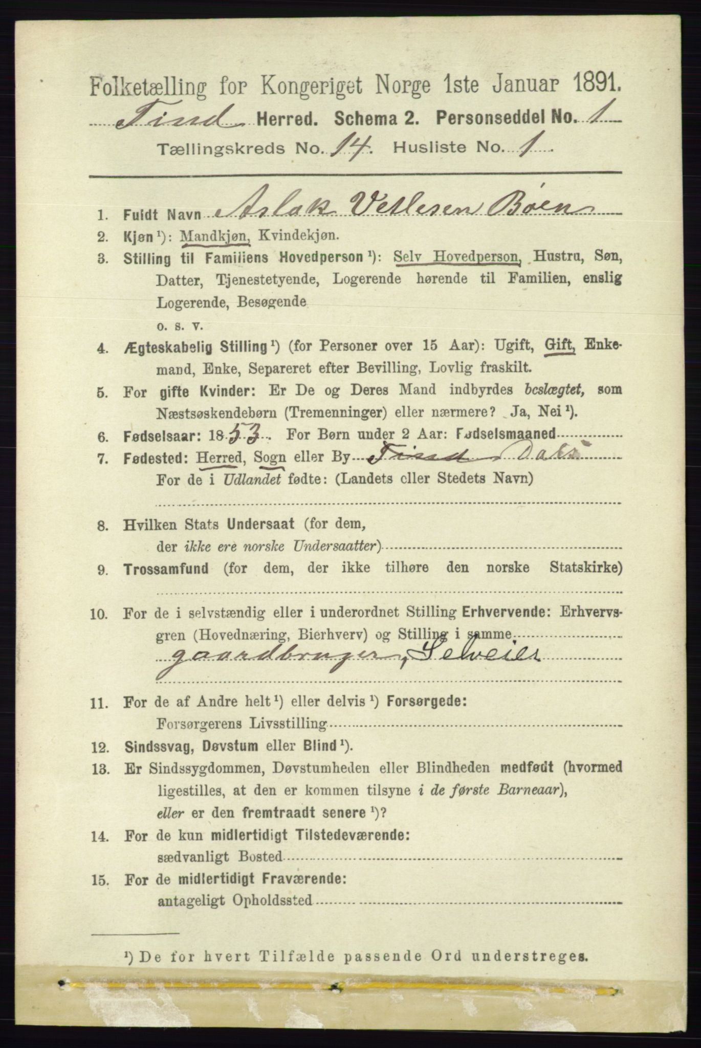 RA, 1891 census for 0826 Tinn, 1891, p. 2872