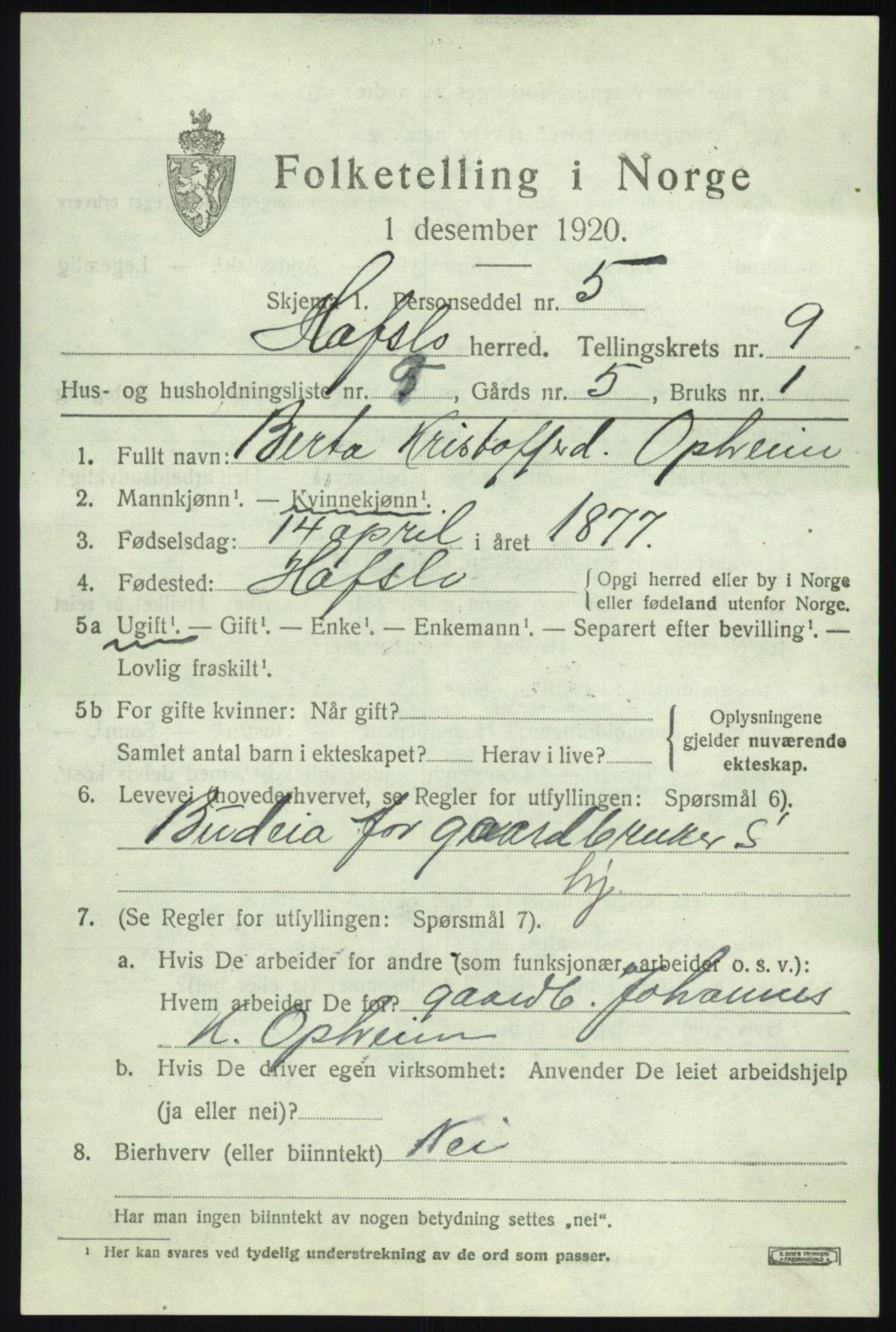 SAB, 1920 census for Hafslo, 1920, p. 6414