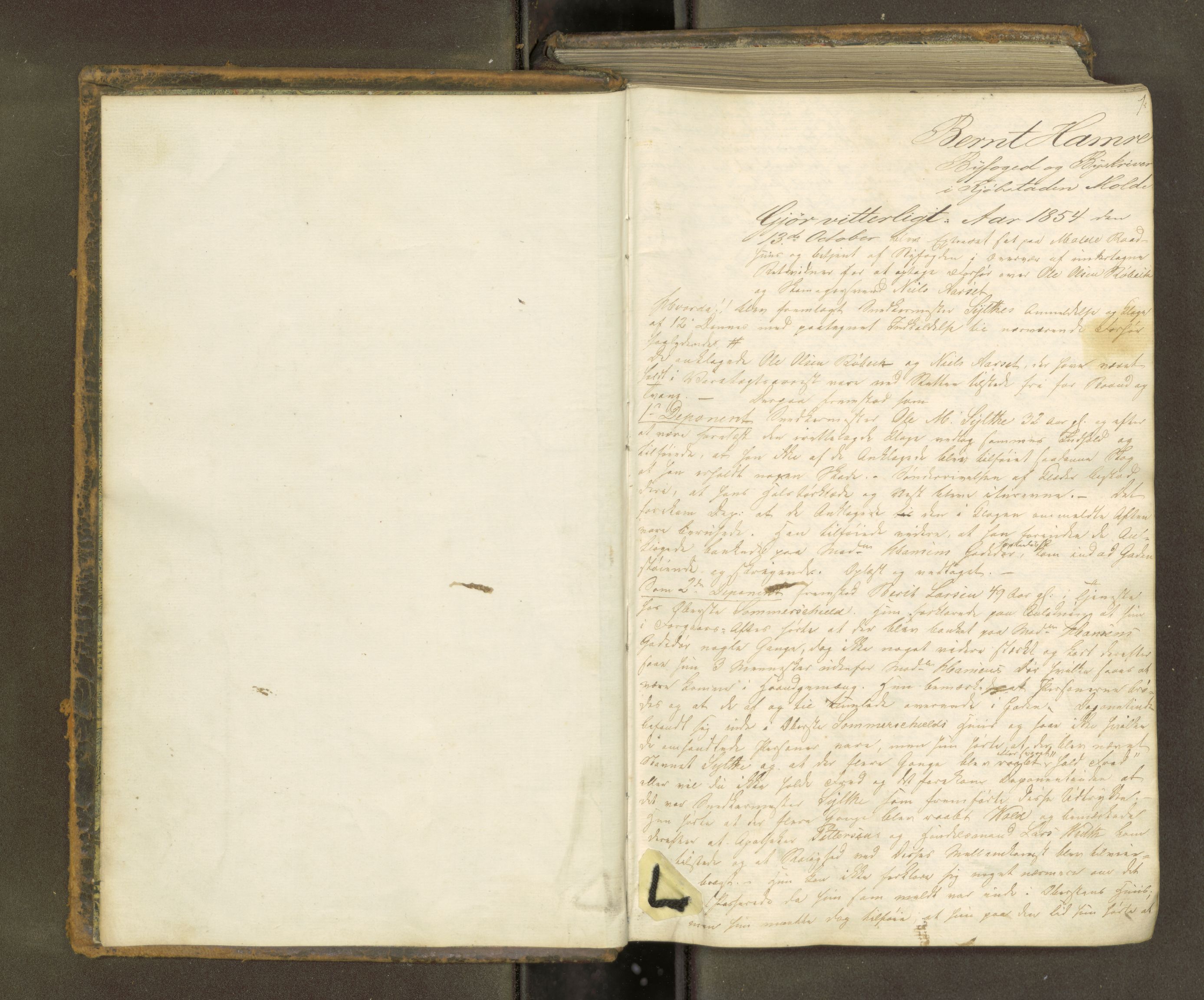 Molde byfogd, AV/SAT-A-0025/1/1A/L0008: Justisprotokoll, 1854-1858, p. 1a