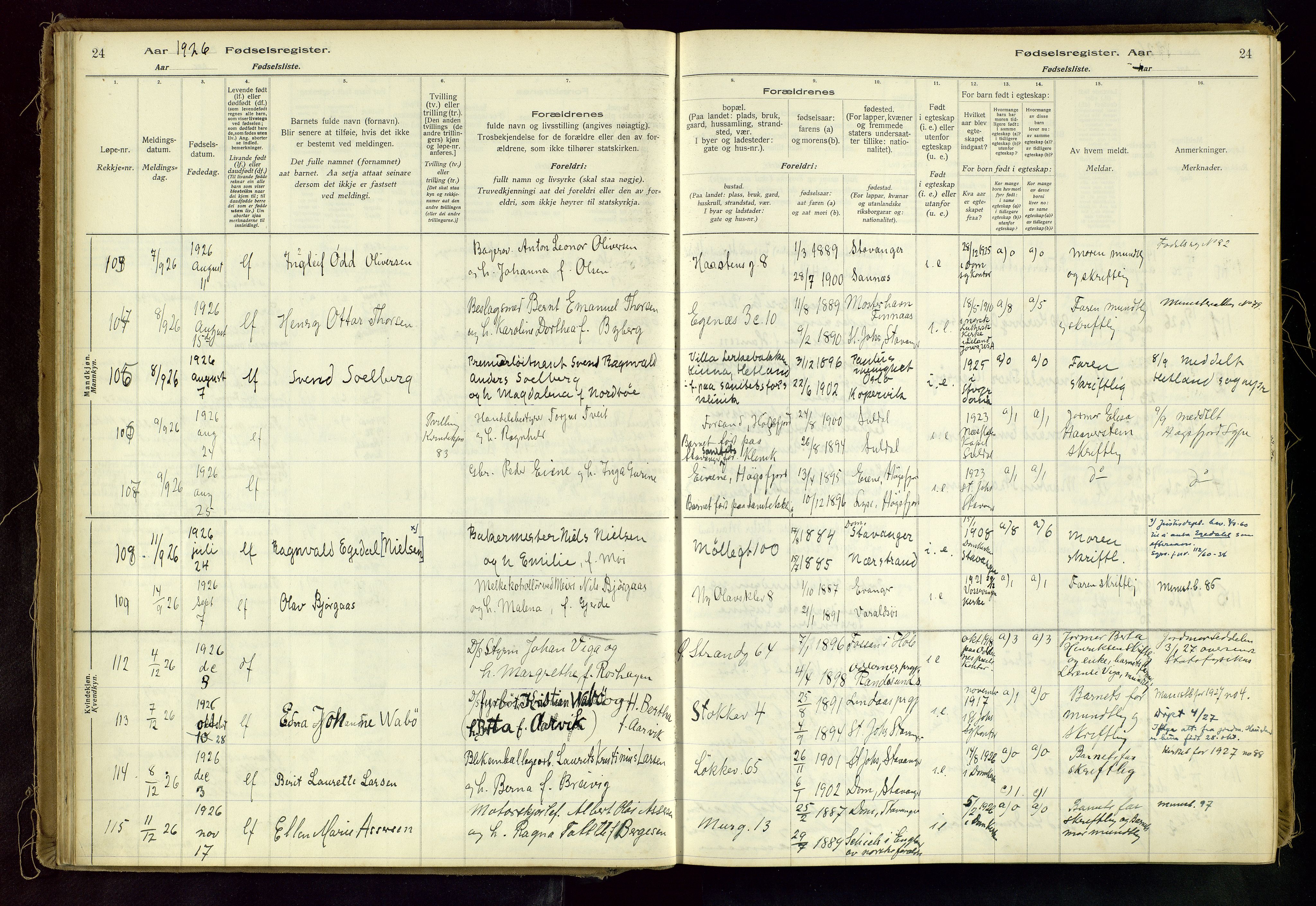 Domkirken sokneprestkontor, AV/SAST-A-101812/002/A/L0001: Birth register no. 1, 1925-1932, p. 24