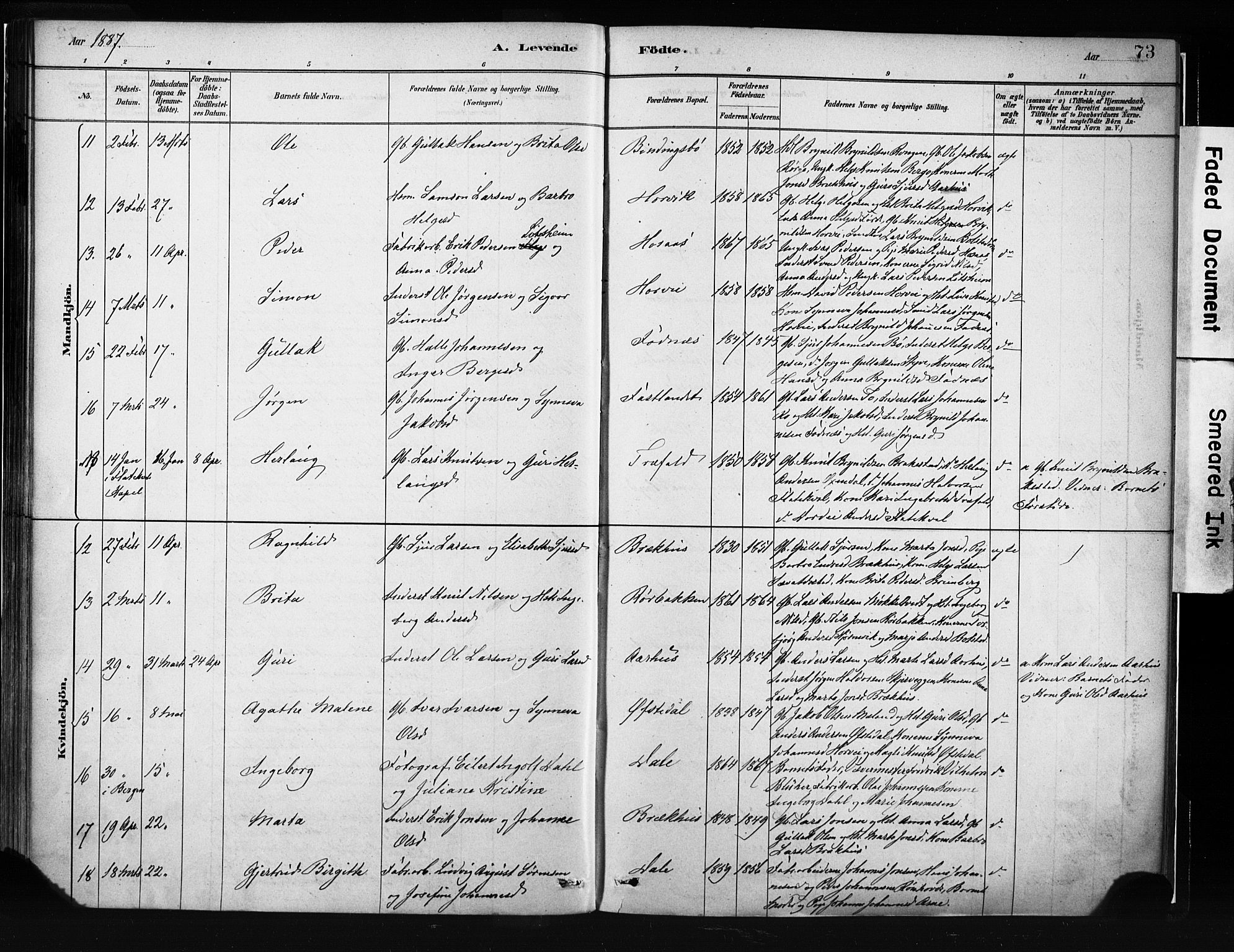 Evanger sokneprestembete, AV/SAB-A-99924: Parish register (official) no. A 1, 1877-1899, p. 73