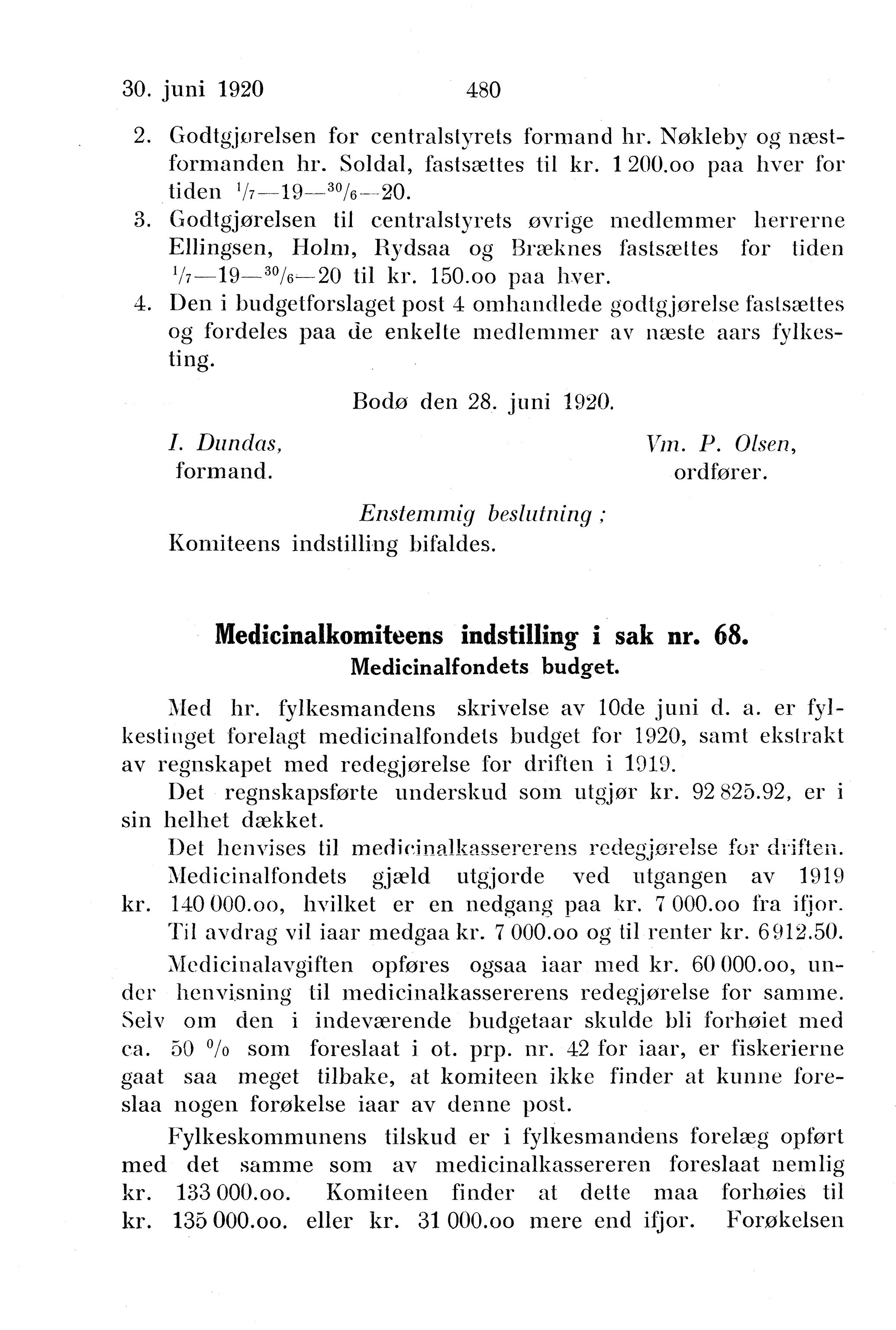 Nordland Fylkeskommune. Fylkestinget, AIN/NFK-17/176/A/Ac/L0043: Fylkestingsforhandlinger 1920, 1920