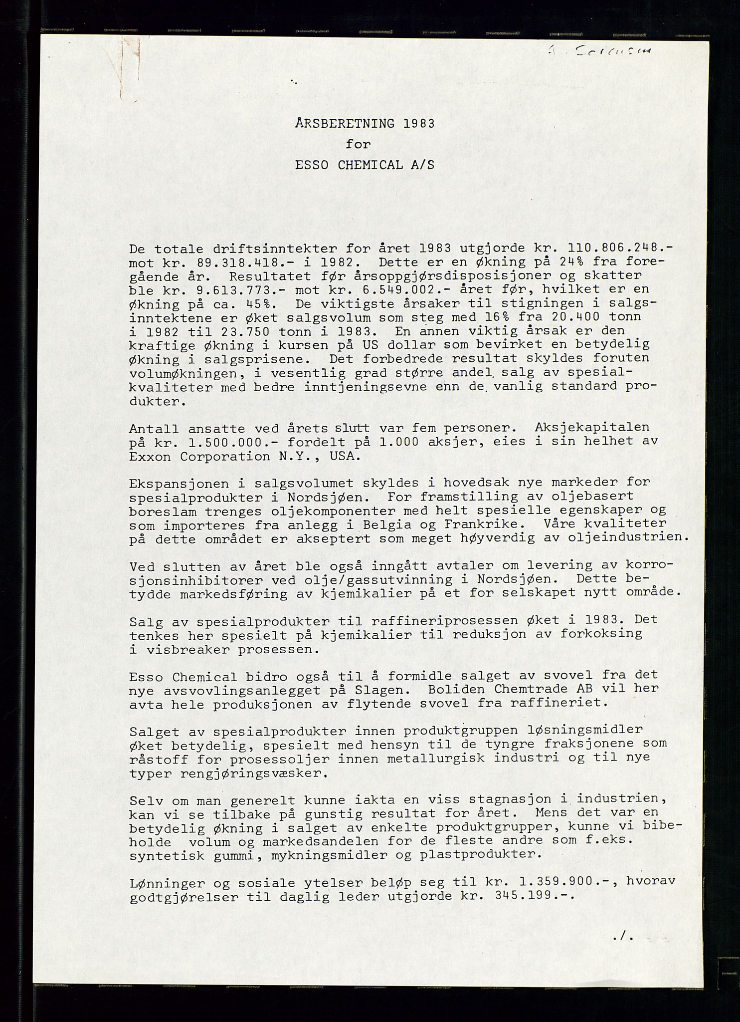 PA 1538 - Exxon Chemical Norge A/S, AV/SAST-A-101958/A/Aa/L0001/0004: Generalforsamlinger og styreprotokoller / Board meetings (styremøter), Generalforsamlinger, Shareholder meetings (aksjonærmøter), 1983-1984