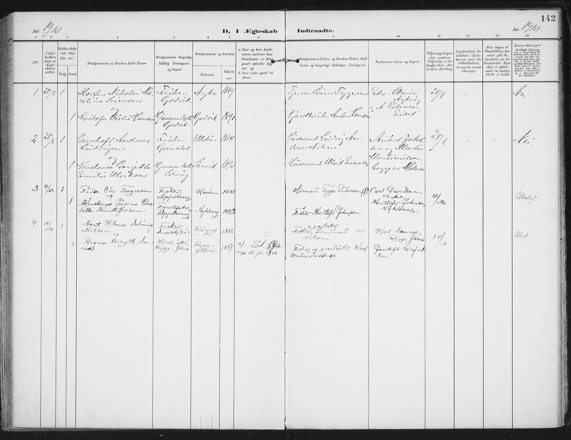 Ministerialprotokoller, klokkerbøker og fødselsregistre - Nordland, AV/SAT-A-1459/892/L1321: Parish register (official) no. 892A02, 1902-1918, p. 142