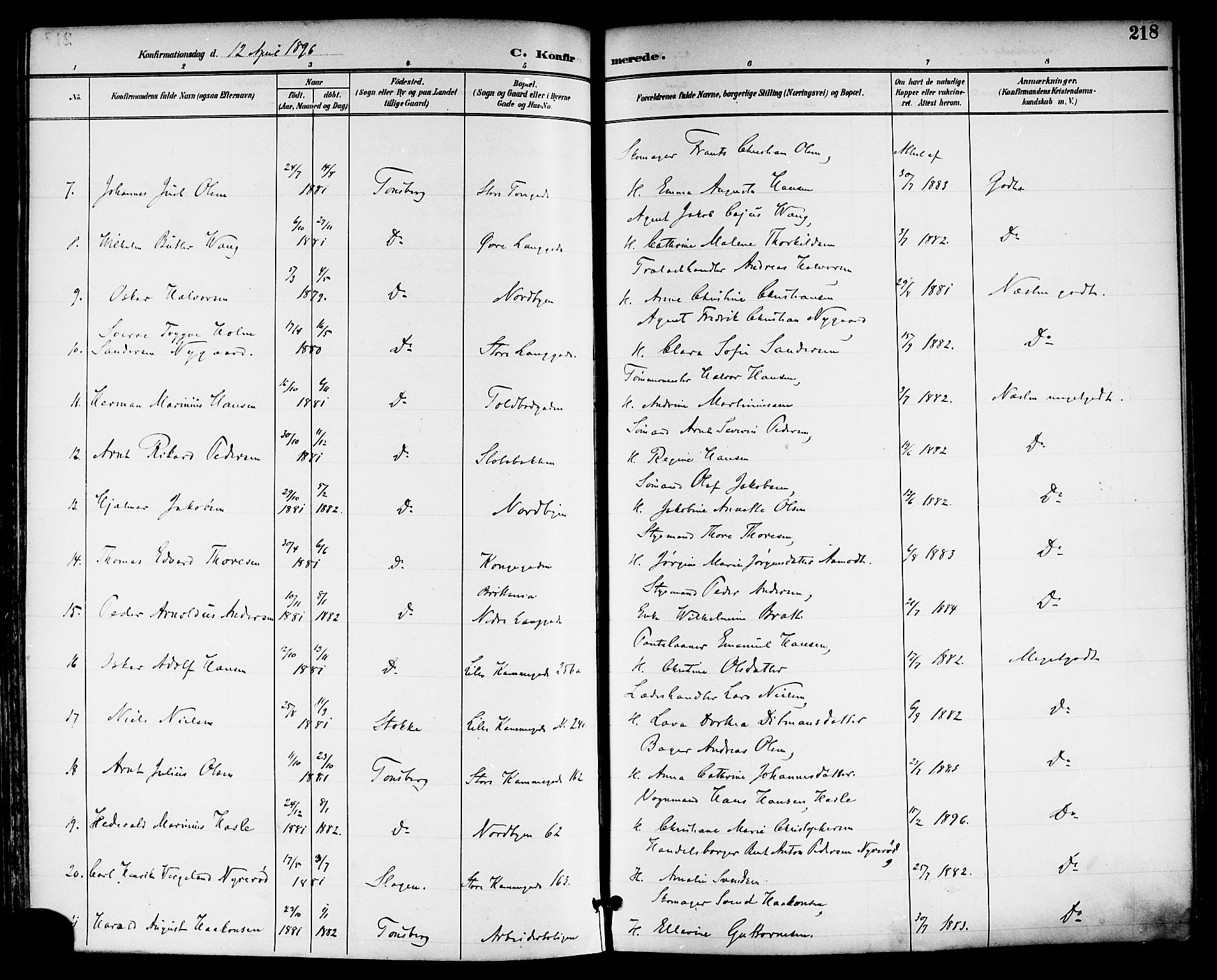 Tønsberg kirkebøker, SAKO/A-330/F/Fa/L0012: Parish register (official) no. I 12, 1891-1899, p. 218