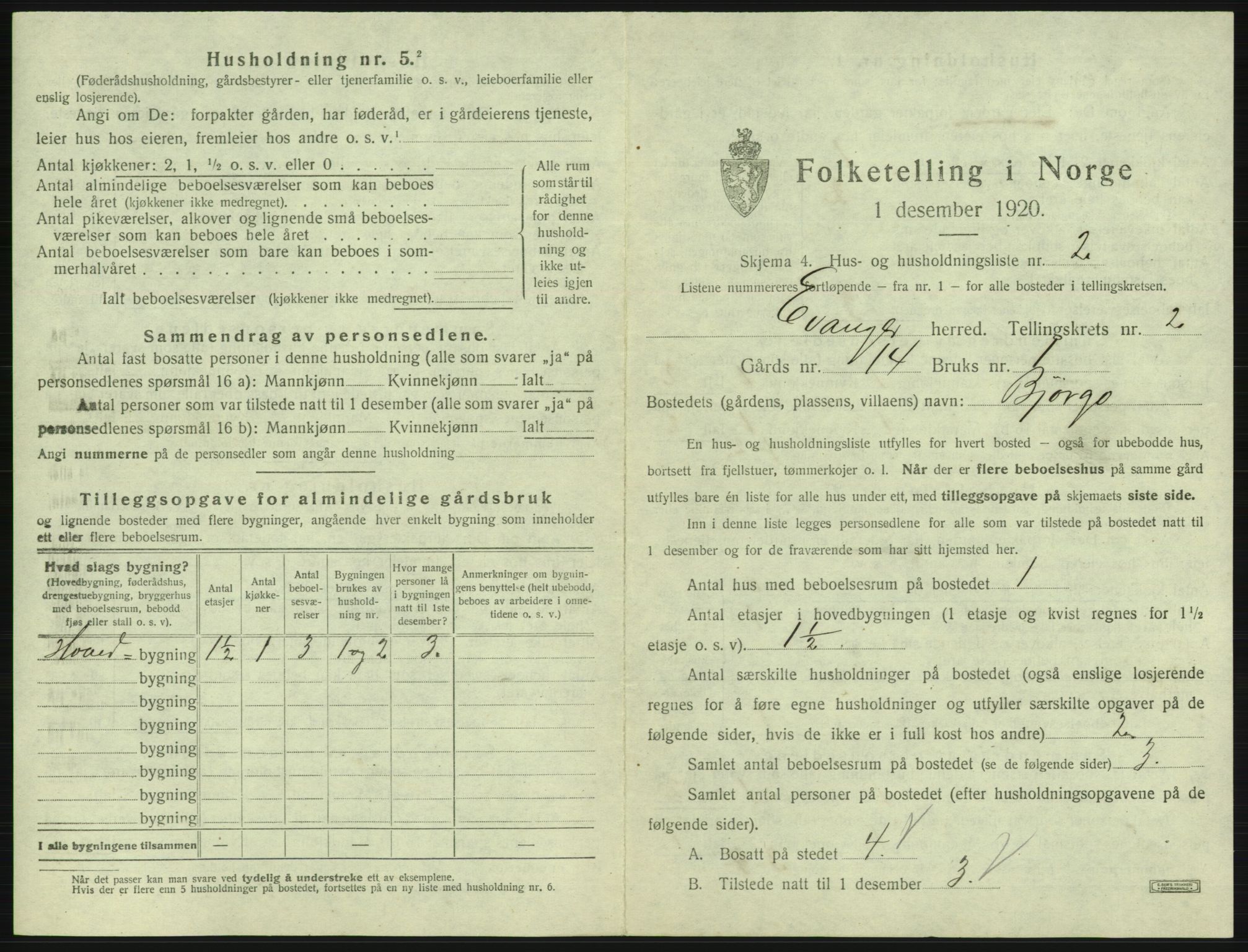 SAB, 1920 census for Evanger, 1920, p. 105