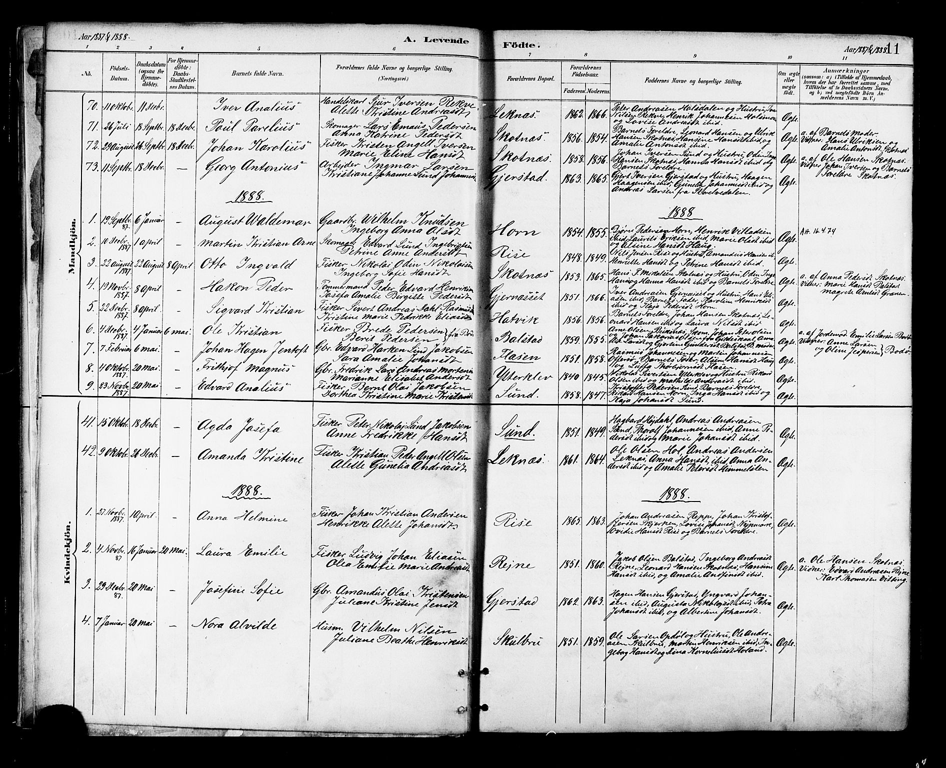 Ministerialprotokoller, klokkerbøker og fødselsregistre - Nordland, SAT/A-1459/881/L1167: Parish register (copy) no. 881C04, 1886-1899, p. 11