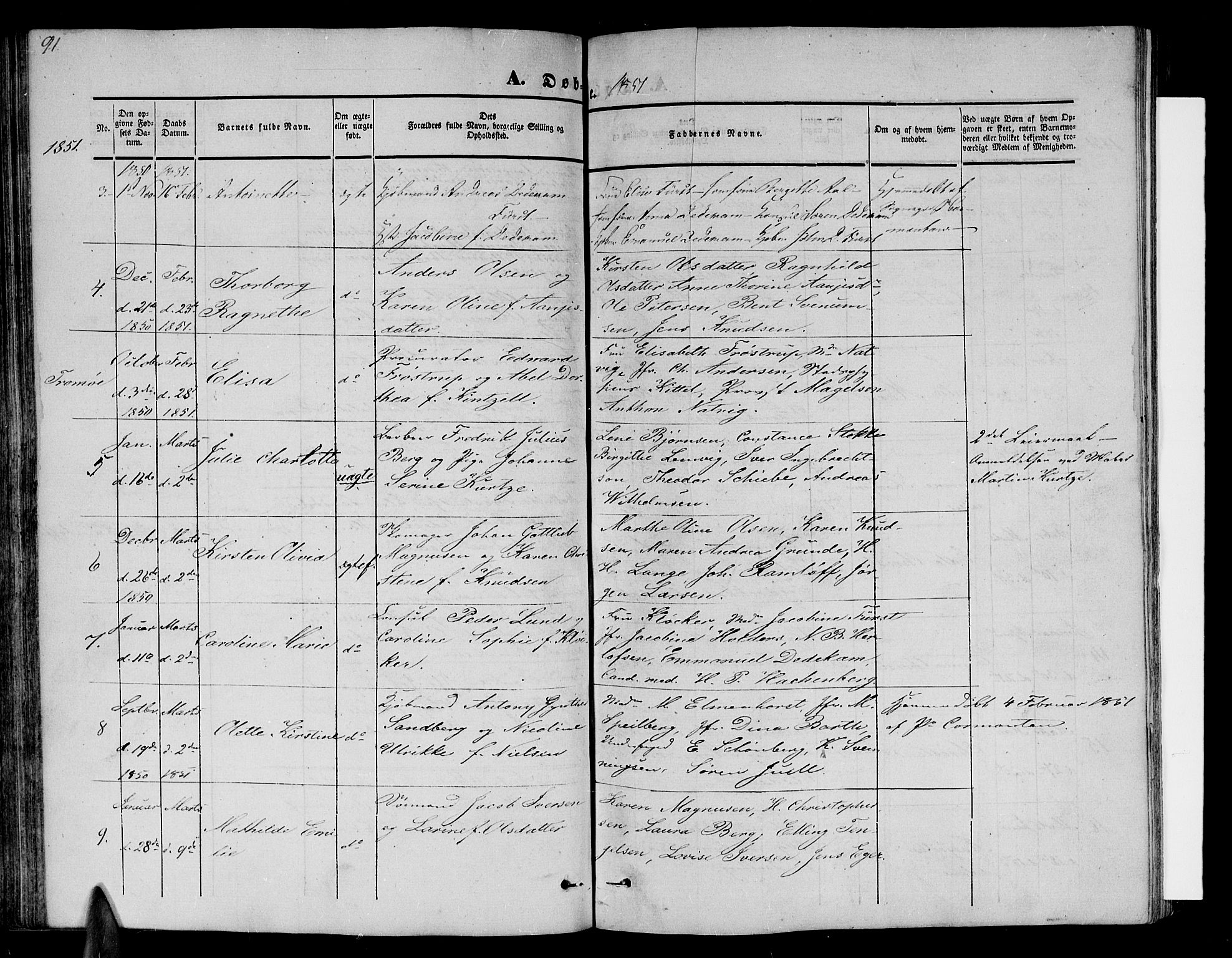 Arendal sokneprestkontor, Trefoldighet, AV/SAK-1111-0040/F/Fb/L0002: Parish register (copy) no. B 2, 1838-1860, p. 91