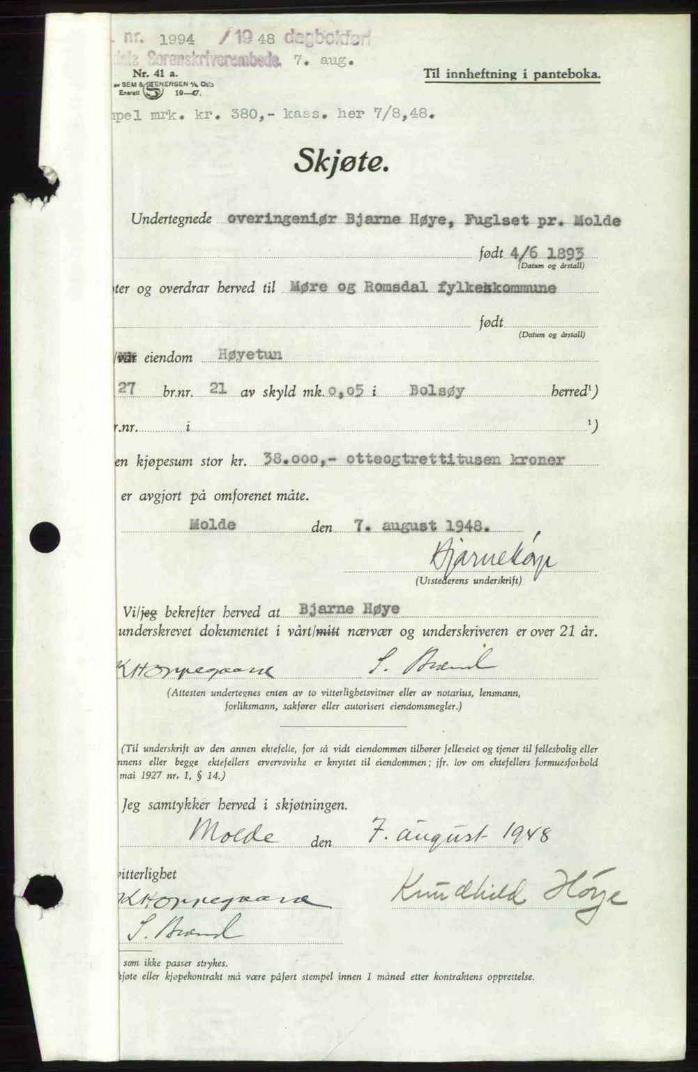 Romsdal sorenskriveri, AV/SAT-A-4149/1/2/2C: Mortgage book no. A26, 1948-1948, Diary no: : 1994/1948