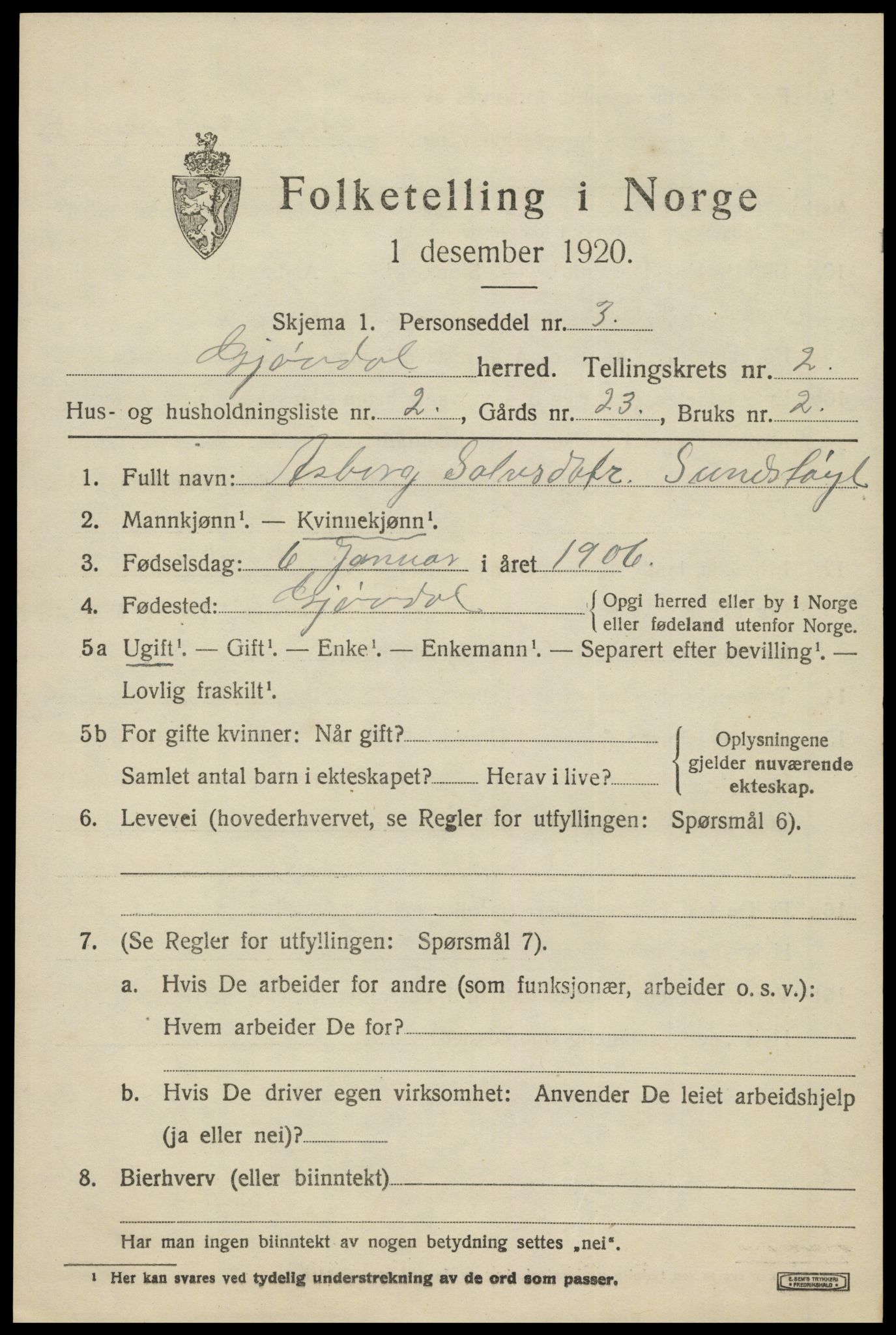 SAK, 1920 census for Gjøvdal, 1920, p. 842