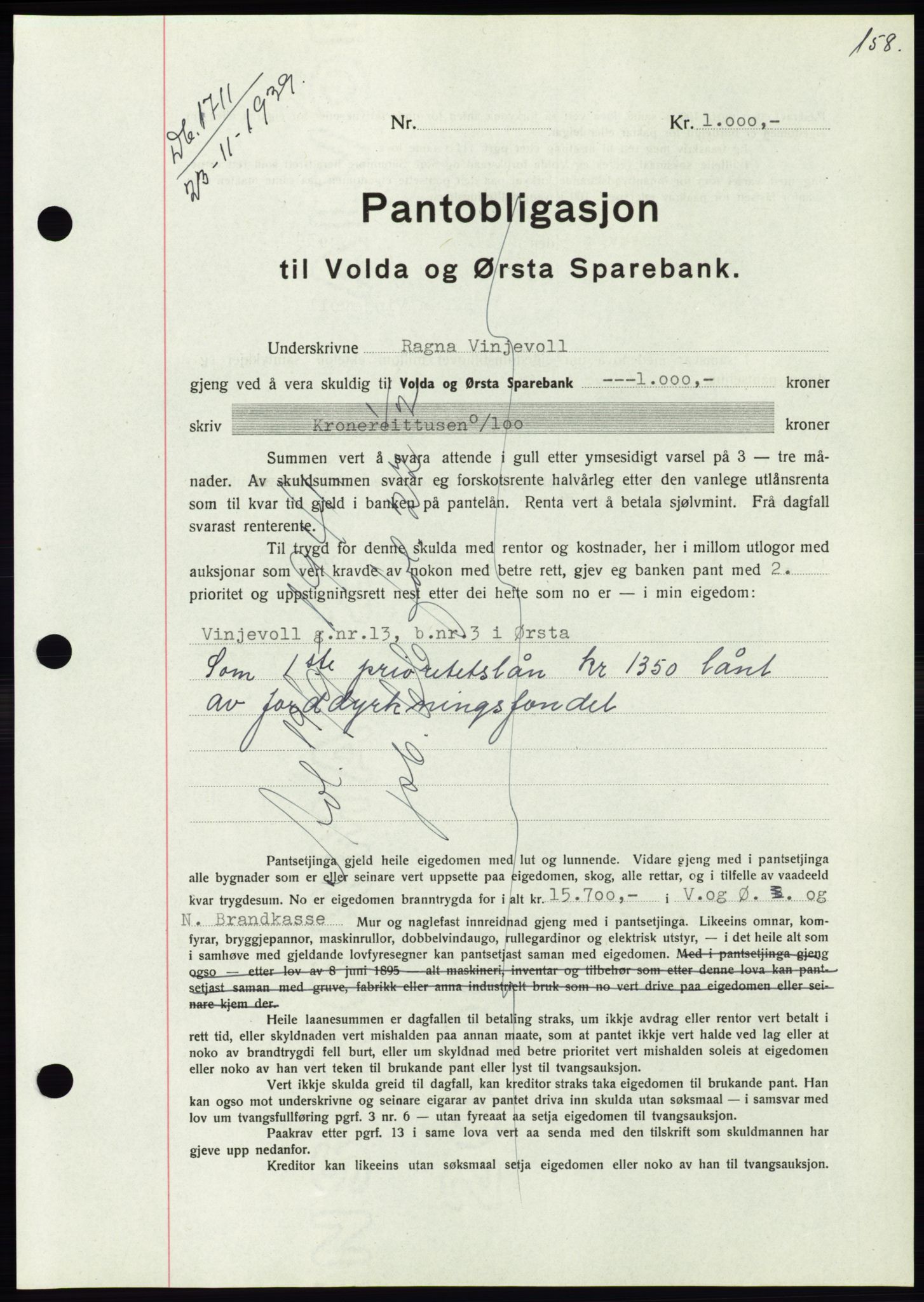 Søre Sunnmøre sorenskriveri, AV/SAT-A-4122/1/2/2C/L0069: Mortgage book no. 63, 1939-1940, Diary no: : 1711/1939