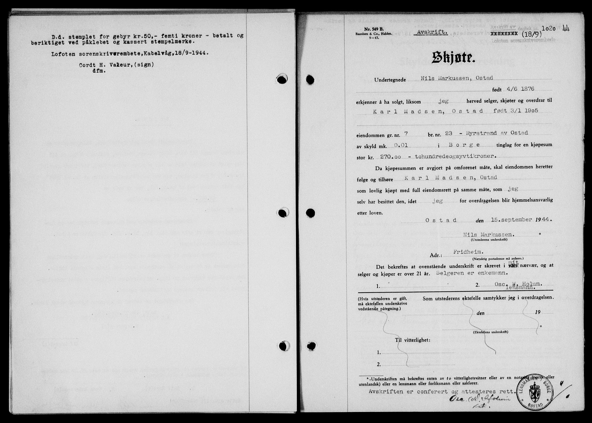Lofoten sorenskriveri, SAT/A-0017/1/2/2C/L0012a: Mortgage book no. 12a, 1943-1944, Diary no: : 1020/1944